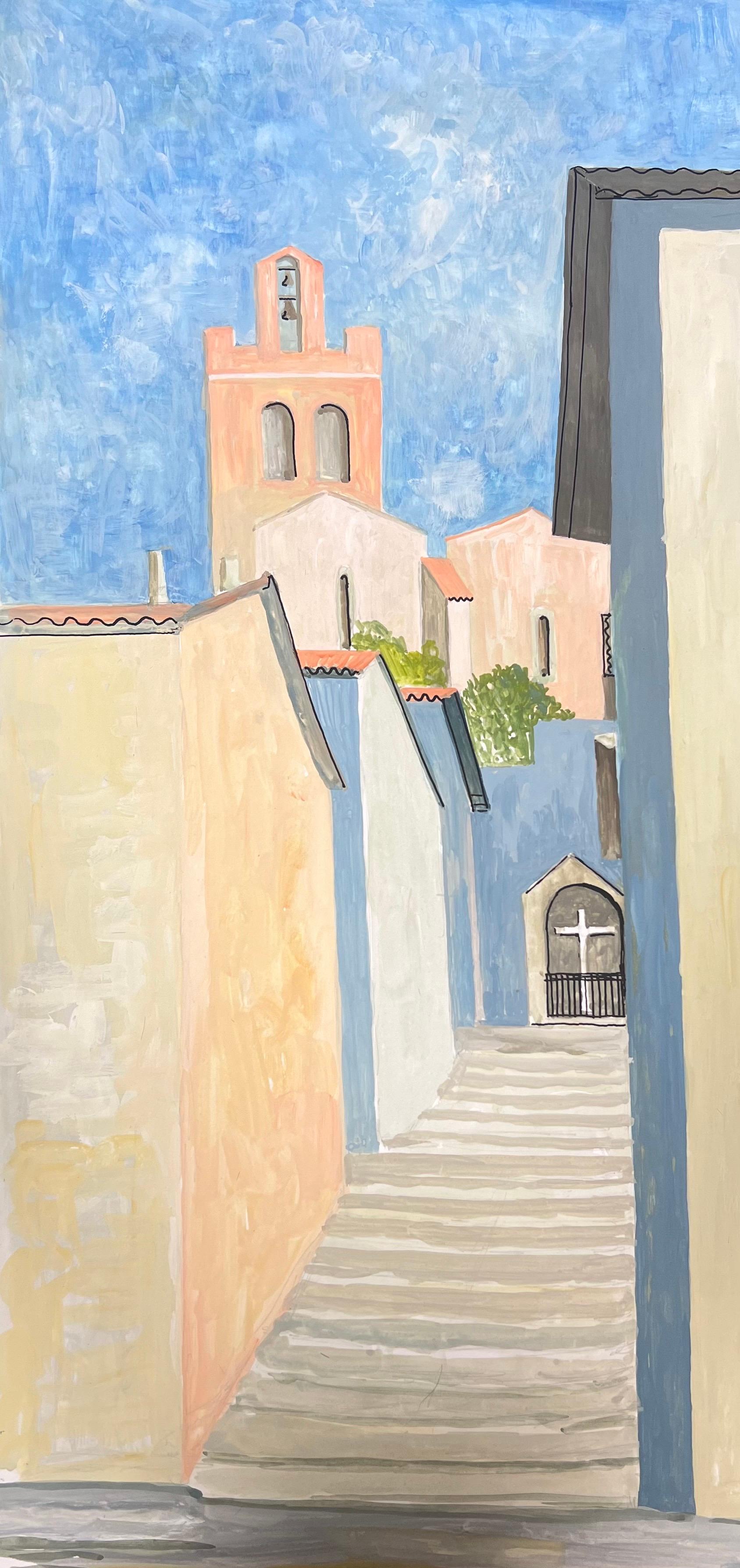 20th Century Modernist Painting Steps Leading To Church For Sale 1