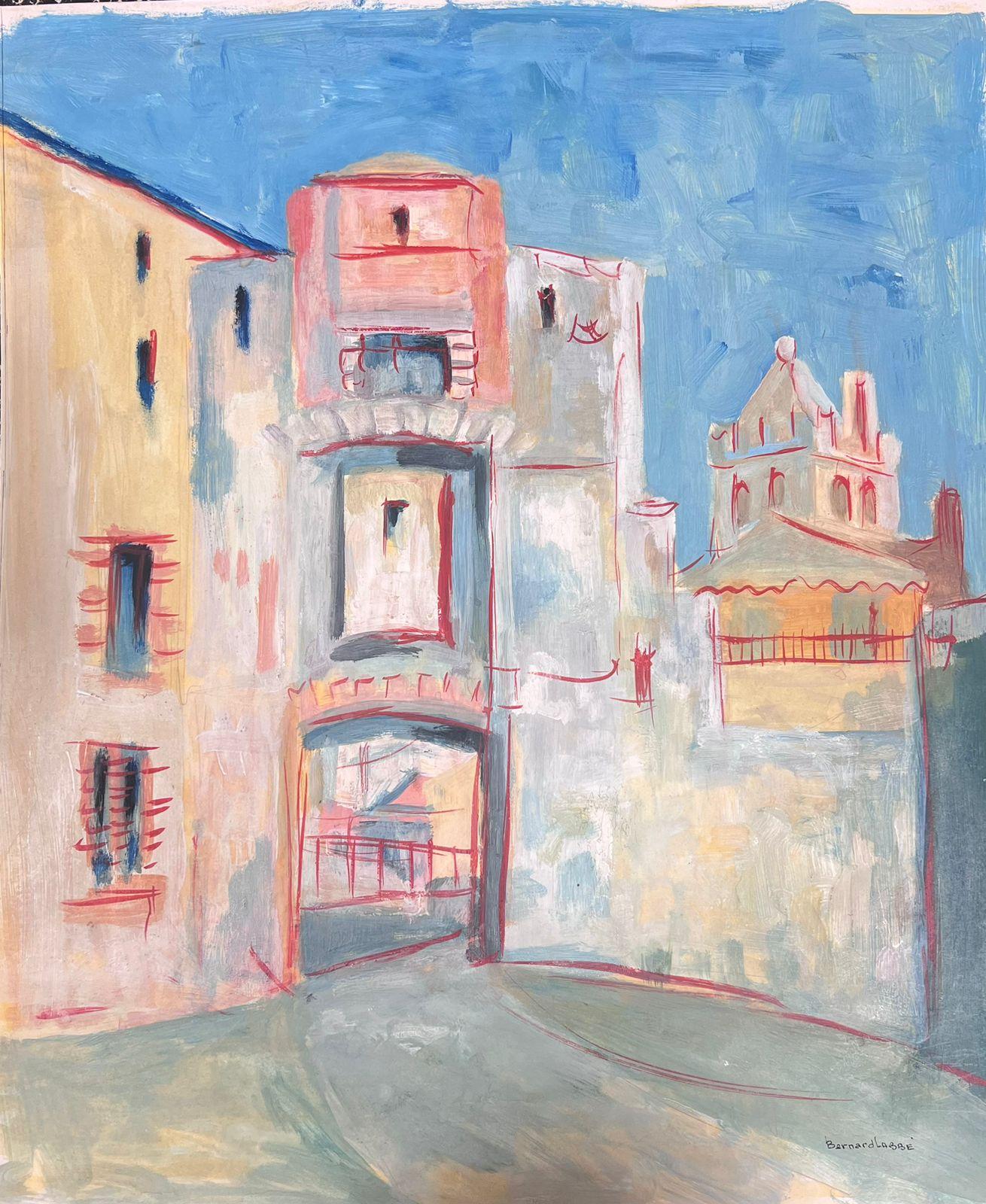 Modernistisches Gemälde des 20. Jahrhunderts, Stein- Village Arch Way Straßenlandschaft – Painting von Bernard Labbe