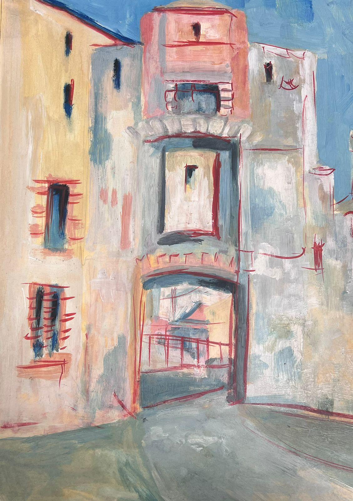 Pittura modernista del XX secolo Villaggio di pietra Via dell'arco Paesaggio stradale - Landscape Painting Grigio di Bernard Labbe