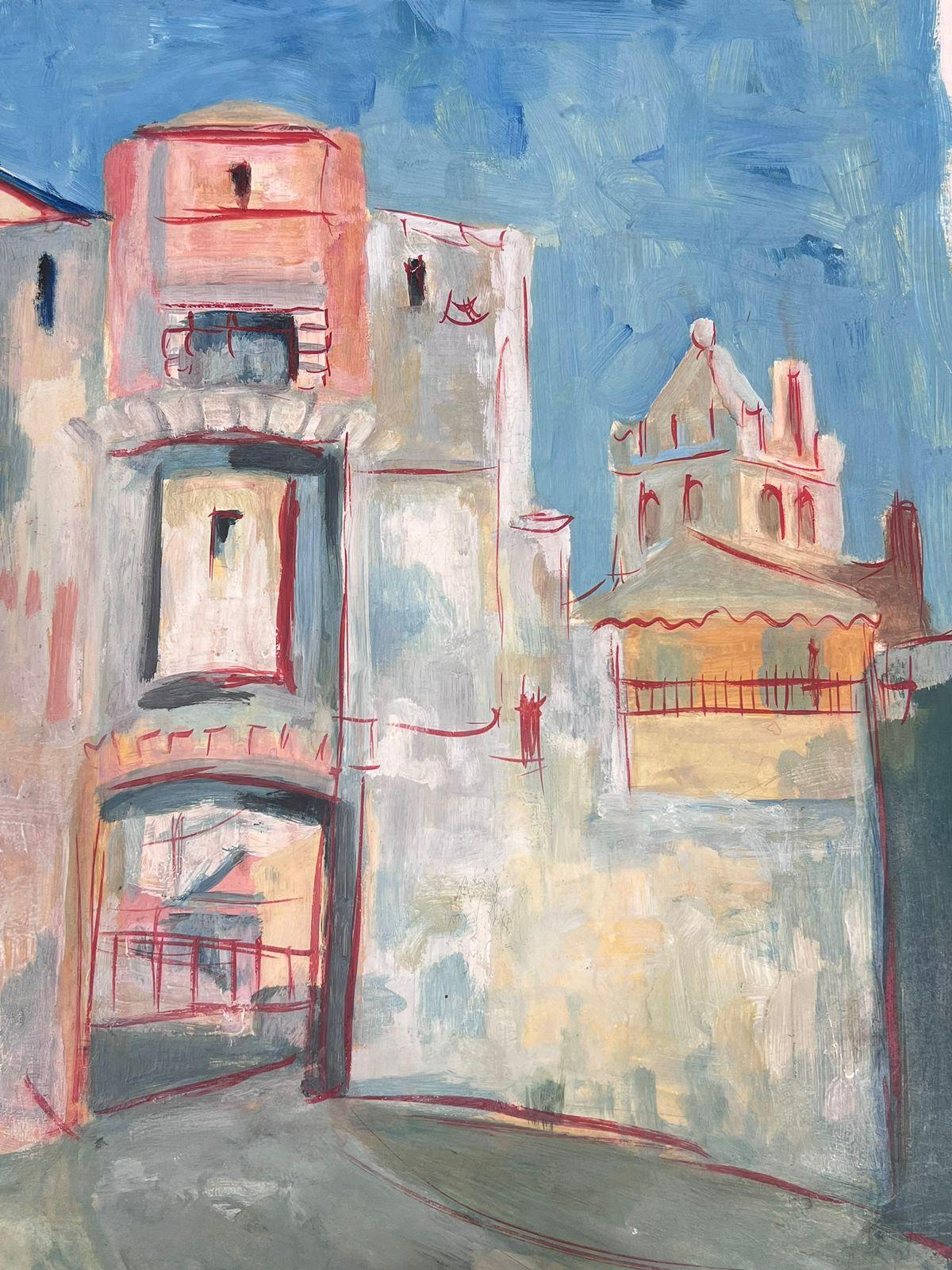 Modernistisches Gemälde des 20. Jahrhunderts, Stein- Village Arch Way Straßenlandschaft im Angebot 1