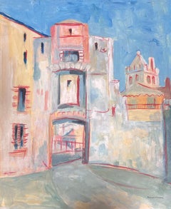 Peinture moderniste du 20ème siècle - Paysage de village en pierre - Arch Way Street