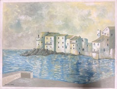 20th Century Modernist Painting White Houses Along The Sea Coast Landscape
