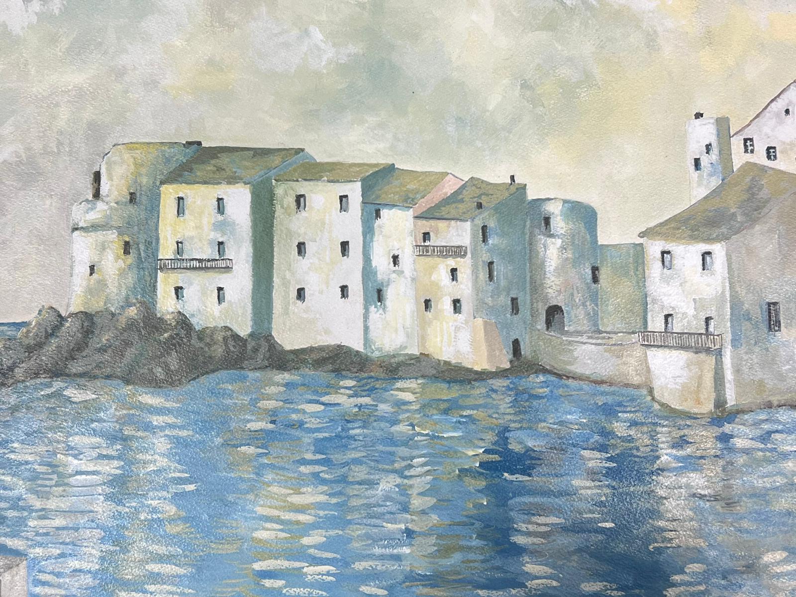 20th Century Modernist Painting White Houses Along The Sea Coast Landscape For Sale 2