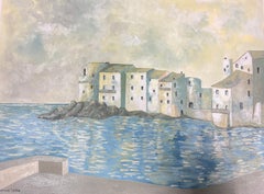 Pittura modernista del XX secolo Case bianche lungo il mare Paesaggio costiero