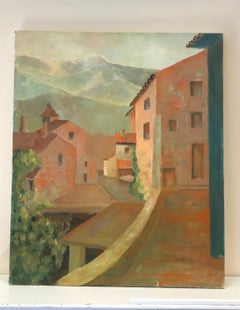 Beautiful French Modern Oil Painting Rustic Provencal Village Terracotta Colors