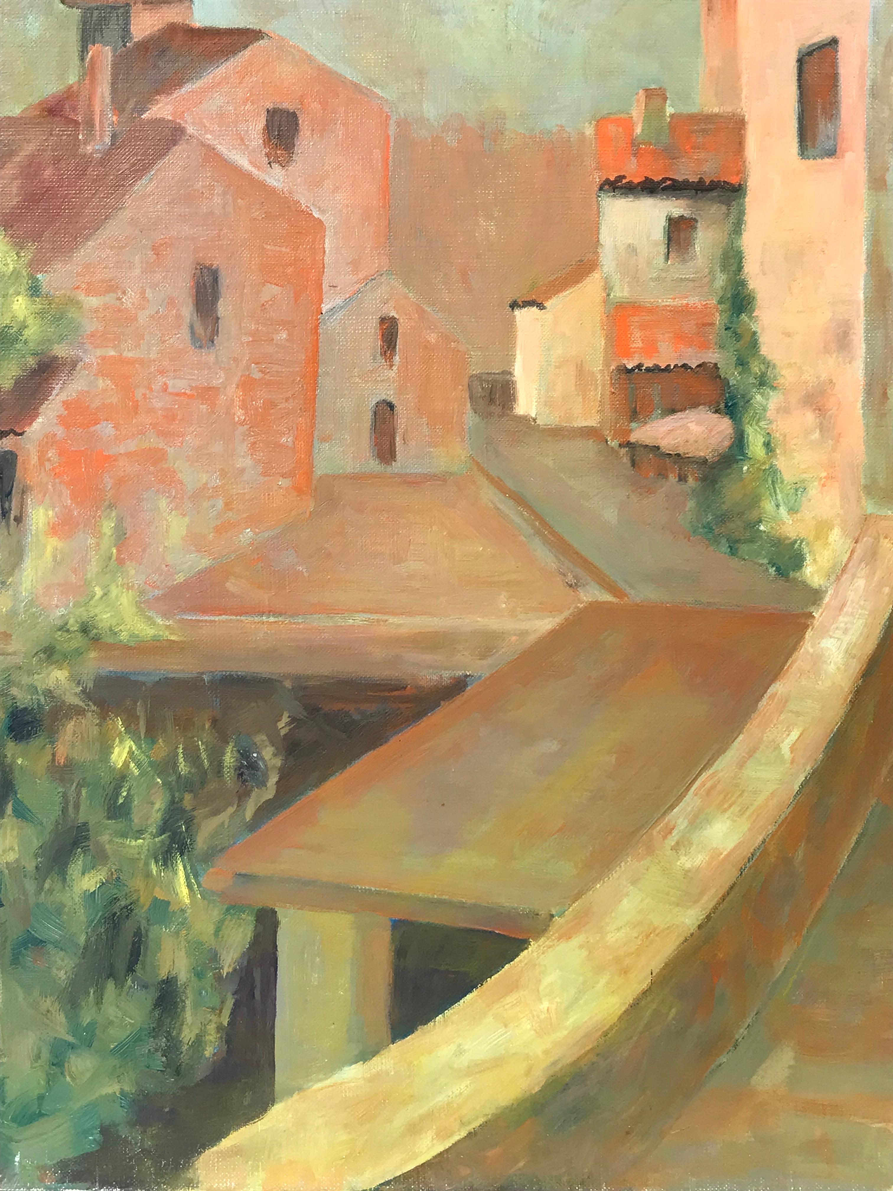 Beautiful French Modern Oil Painting Rustic Provencal Village Terracotta Colors - Brown Landscape Painting by Bernard Labbe