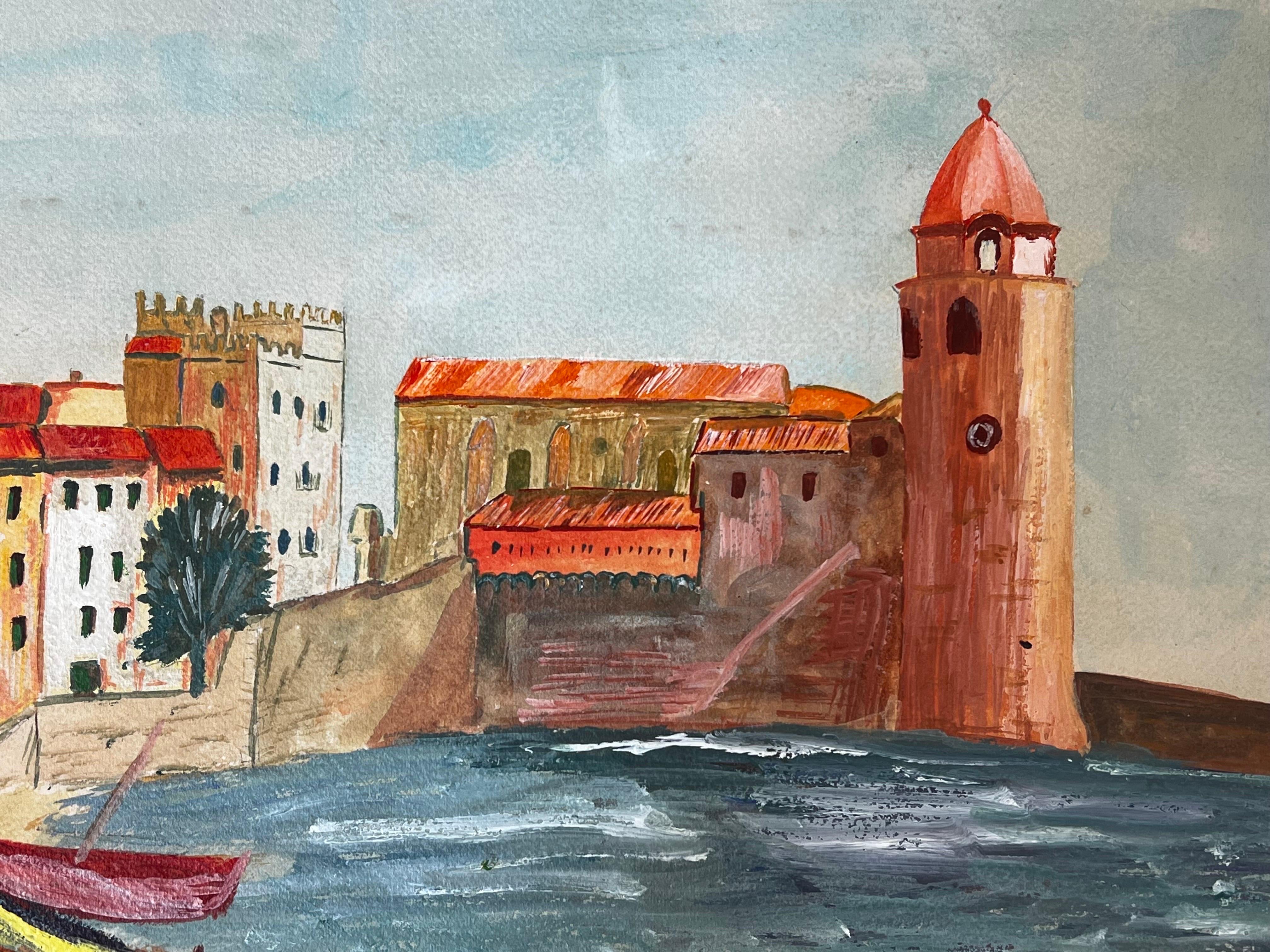 Collioure Harbour, French 1950's Modernist Colorful Painting - Brown Landscape Painting by Bernard Labbe