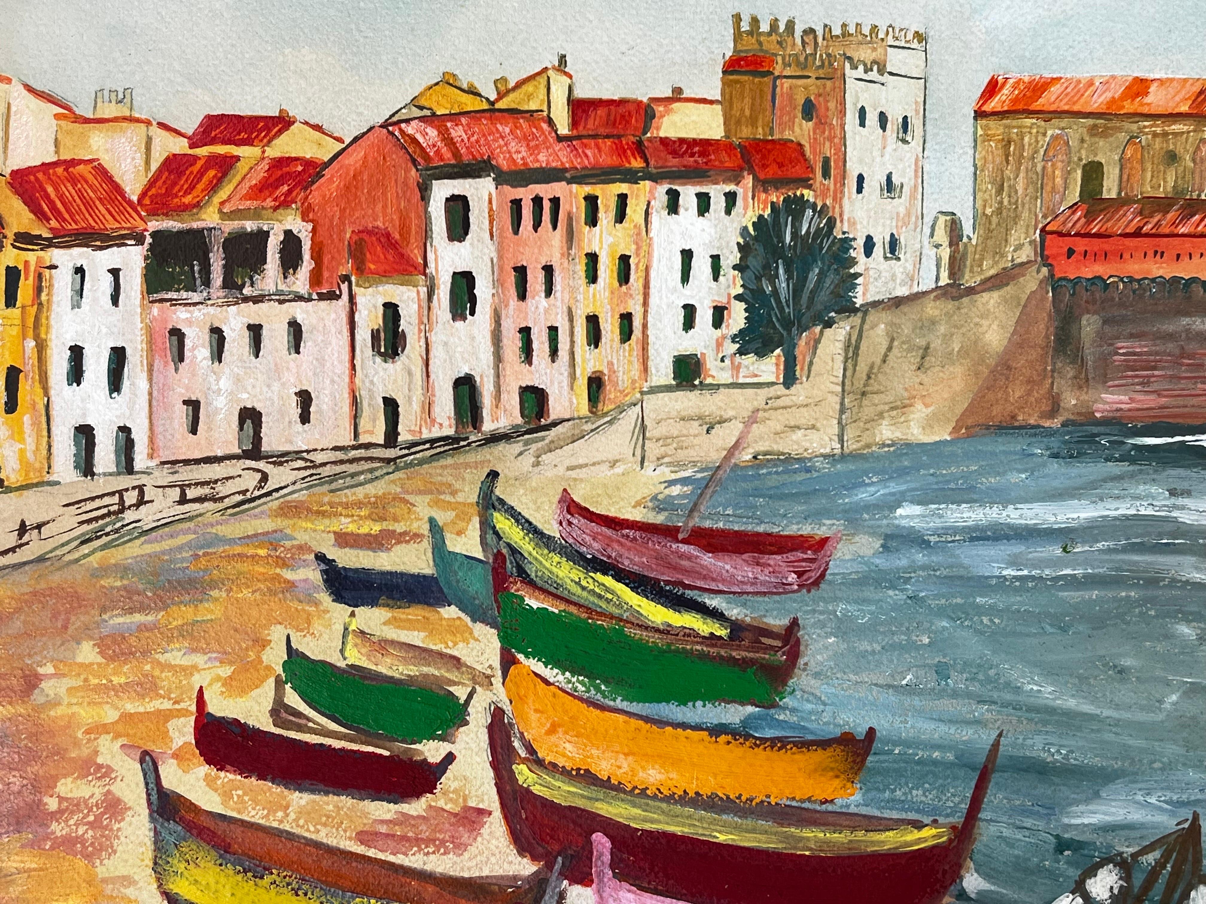 Collioure Harbour, French 1950's Modernist Colorful Painting For Sale 2