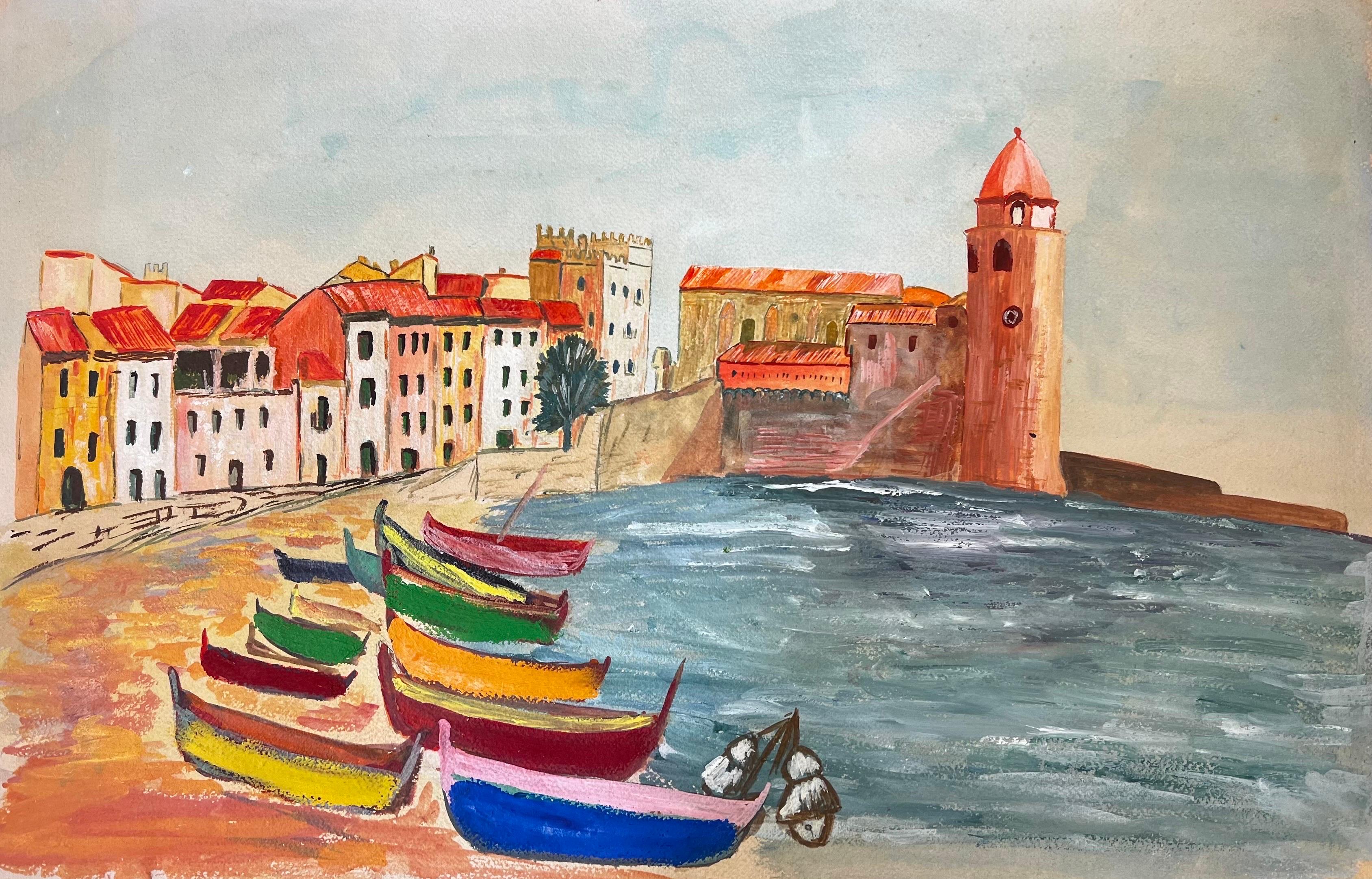 Bernard Labbe Landscape Painting - Collioure Harbour, French 1950's Modernist Colorful Painting