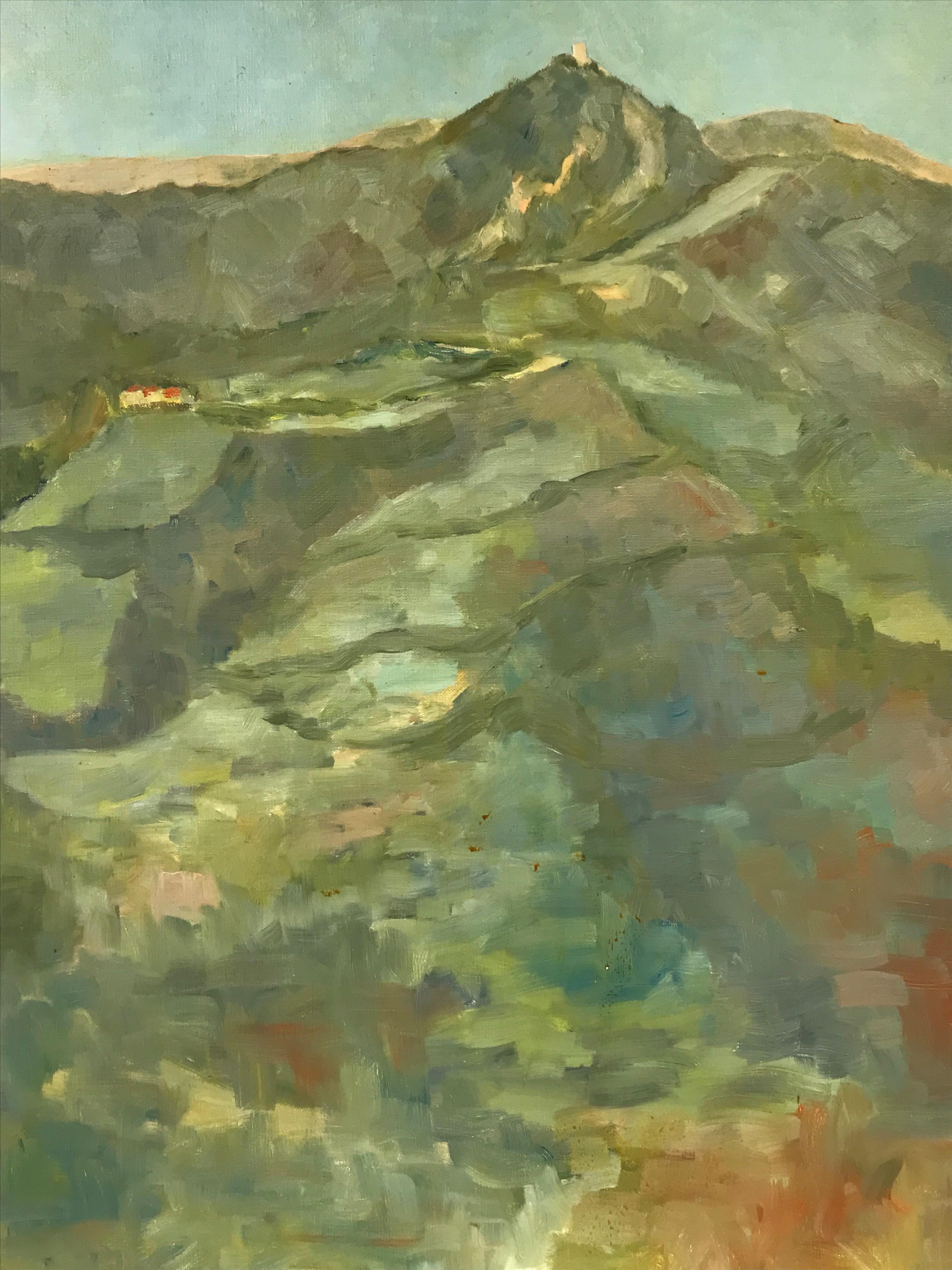 Building français du milieu du 20e siècle au sommet d'une colline dans un paysage provençal montagneux - Painting de Bernard Labbe
