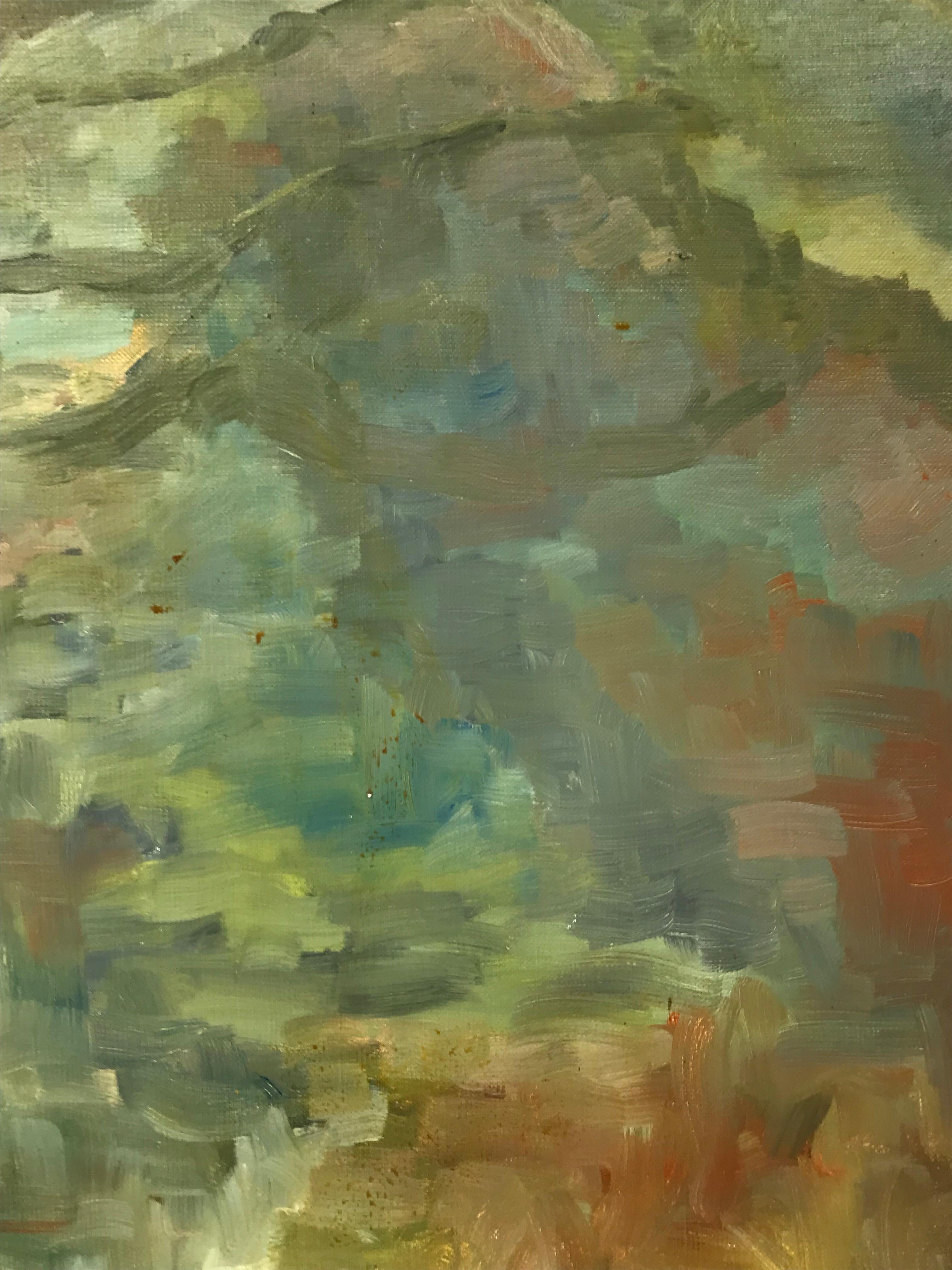 Building français du milieu du 20e siècle au sommet d'une colline dans un paysage provençal montagneux - Impressionnisme Painting par Bernard Labbe