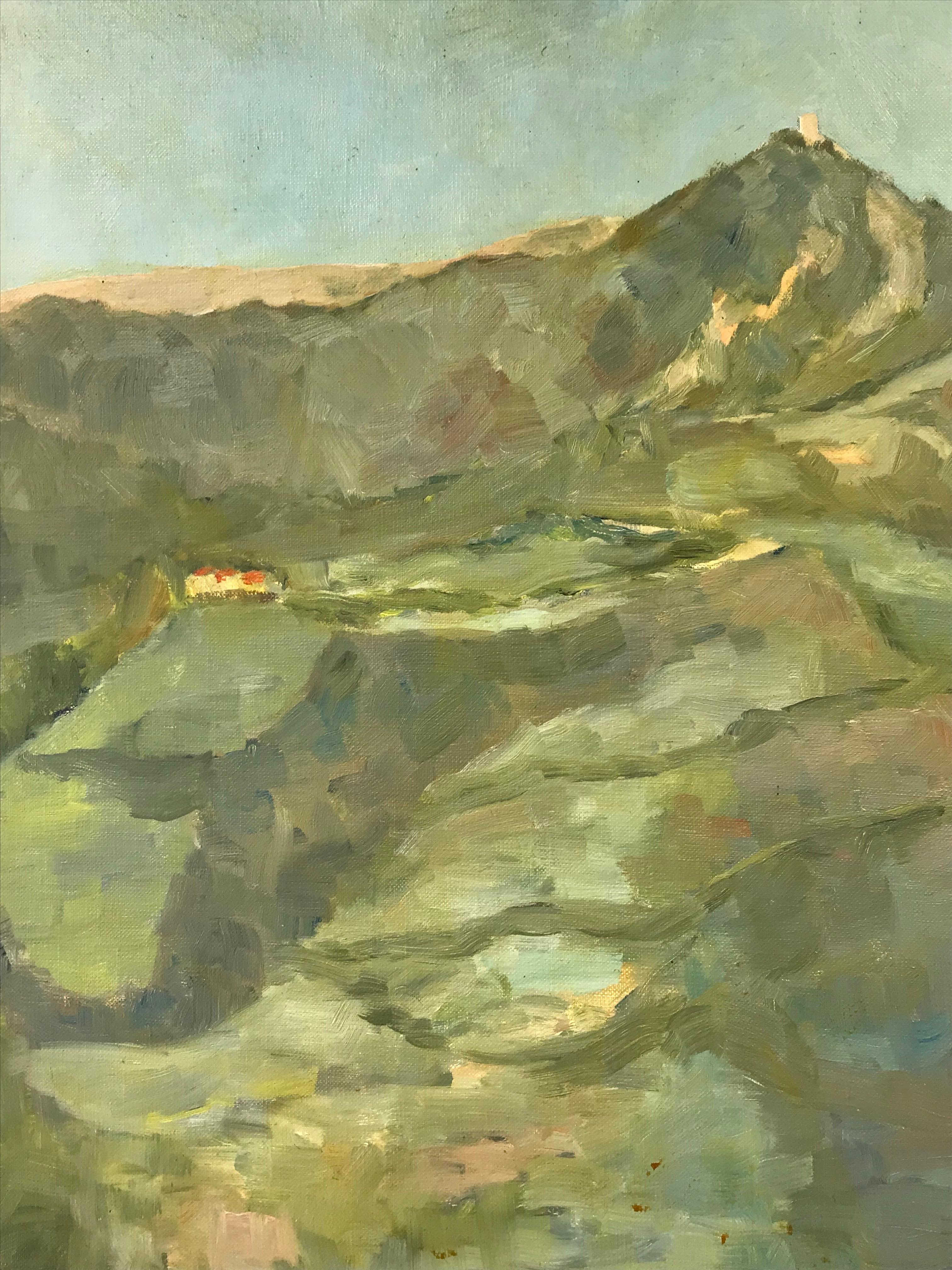 Artiste/École : Bernard Labbe (Français, milieu du XXe siècle)

Titre : Le paysage provençal. Un bâtiment au sommet d'une colline surplombant un paysage doux et luxuriant aux couleurs vertes contrastées. 

Support : peinture à l'huile sur toile, non