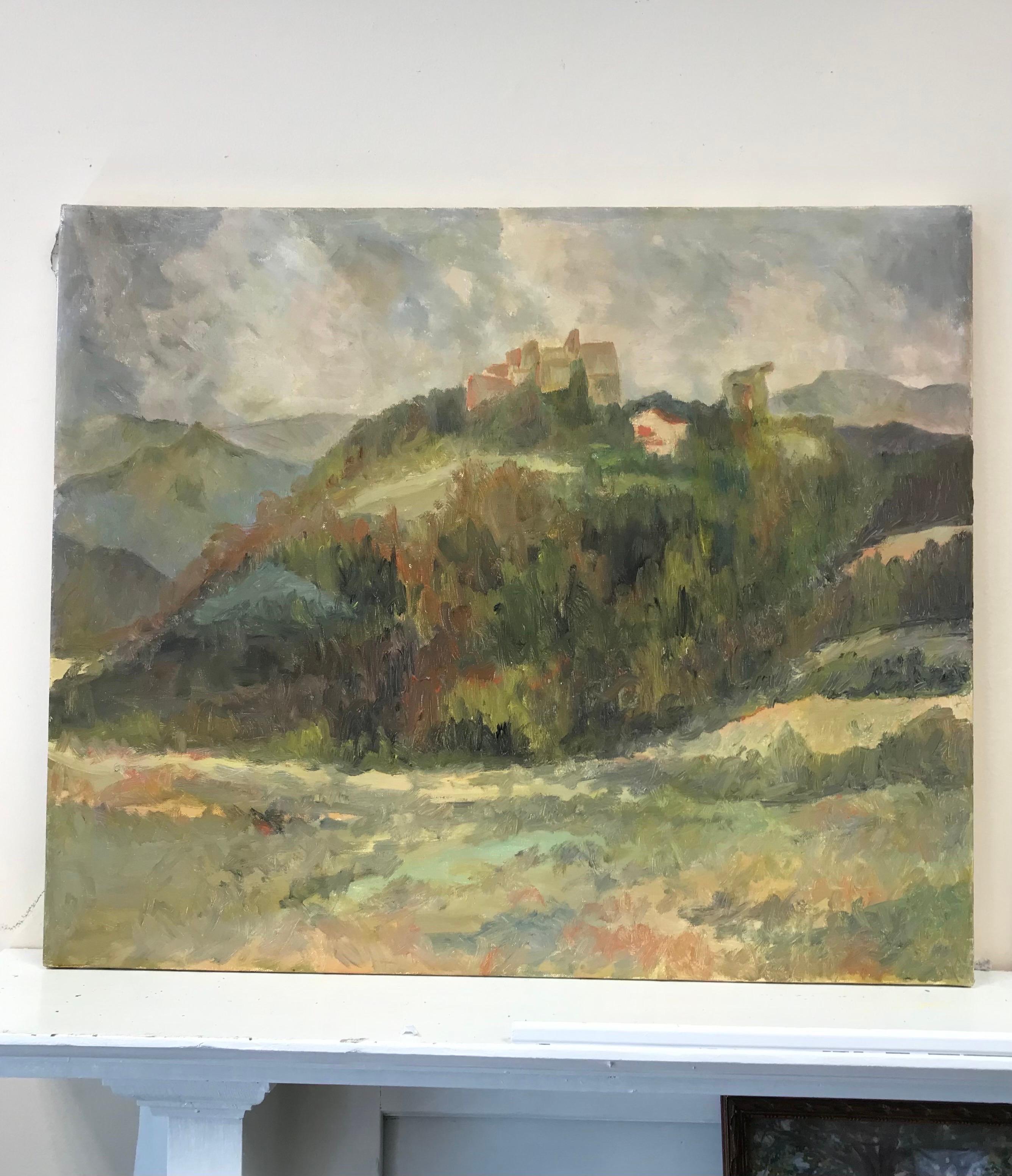 Mid 20th Century French Landscape with Hill Top Chateau, Soft Green Colors - Painting by Bernard Labbe