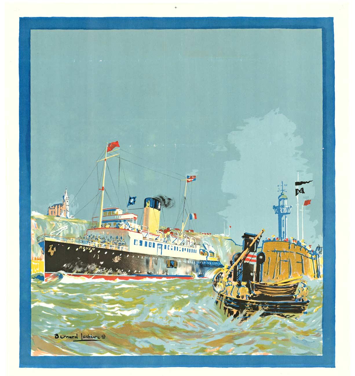 Vintage-Poster „Rouen“, Französisch/ Britisch, Reisen mit Schiff, Vintage – Print von Bernard Lachevre