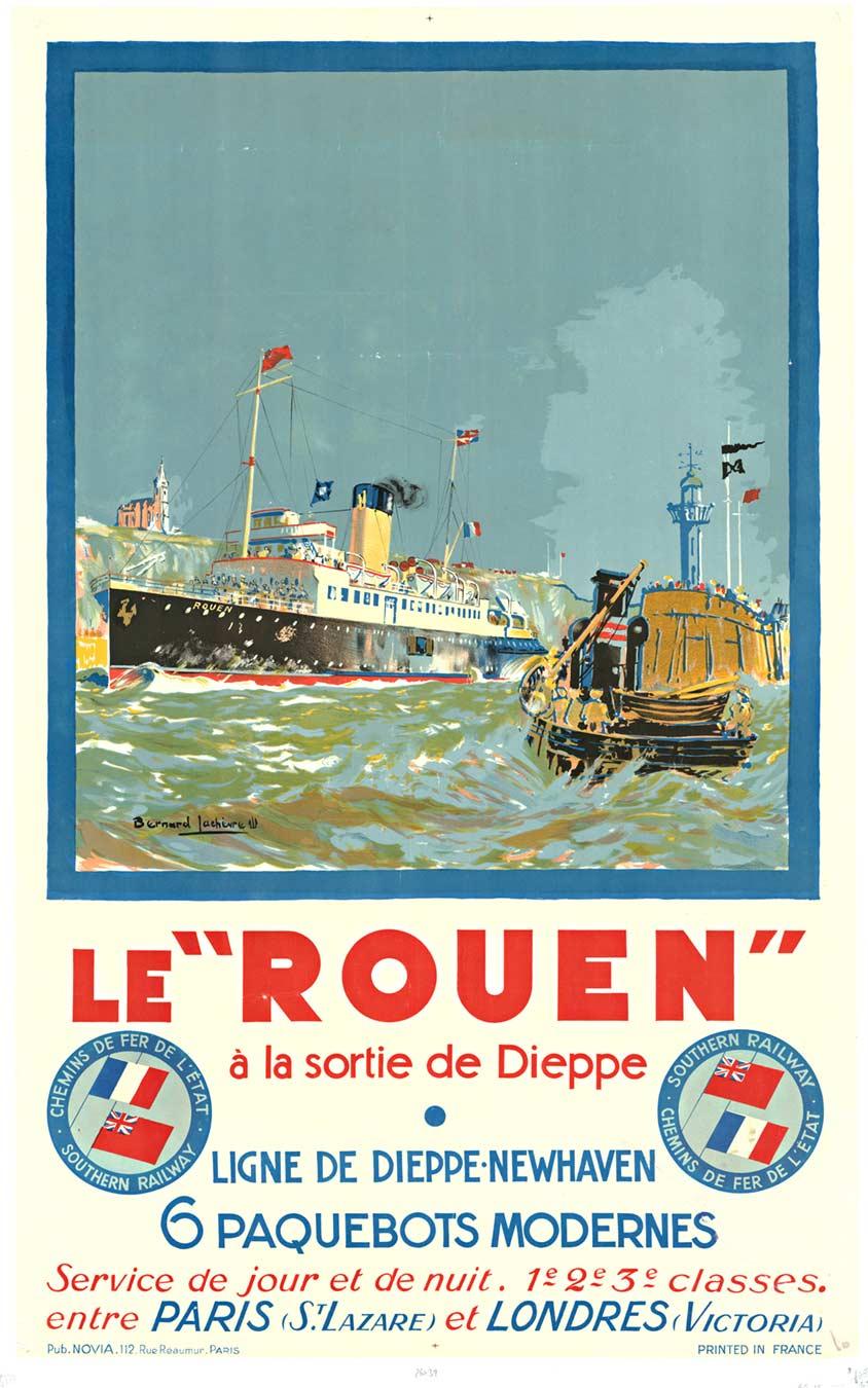 Bernard Lachevre Print - Original Le "Rouen" vintage French / British travel by ship vintage poster