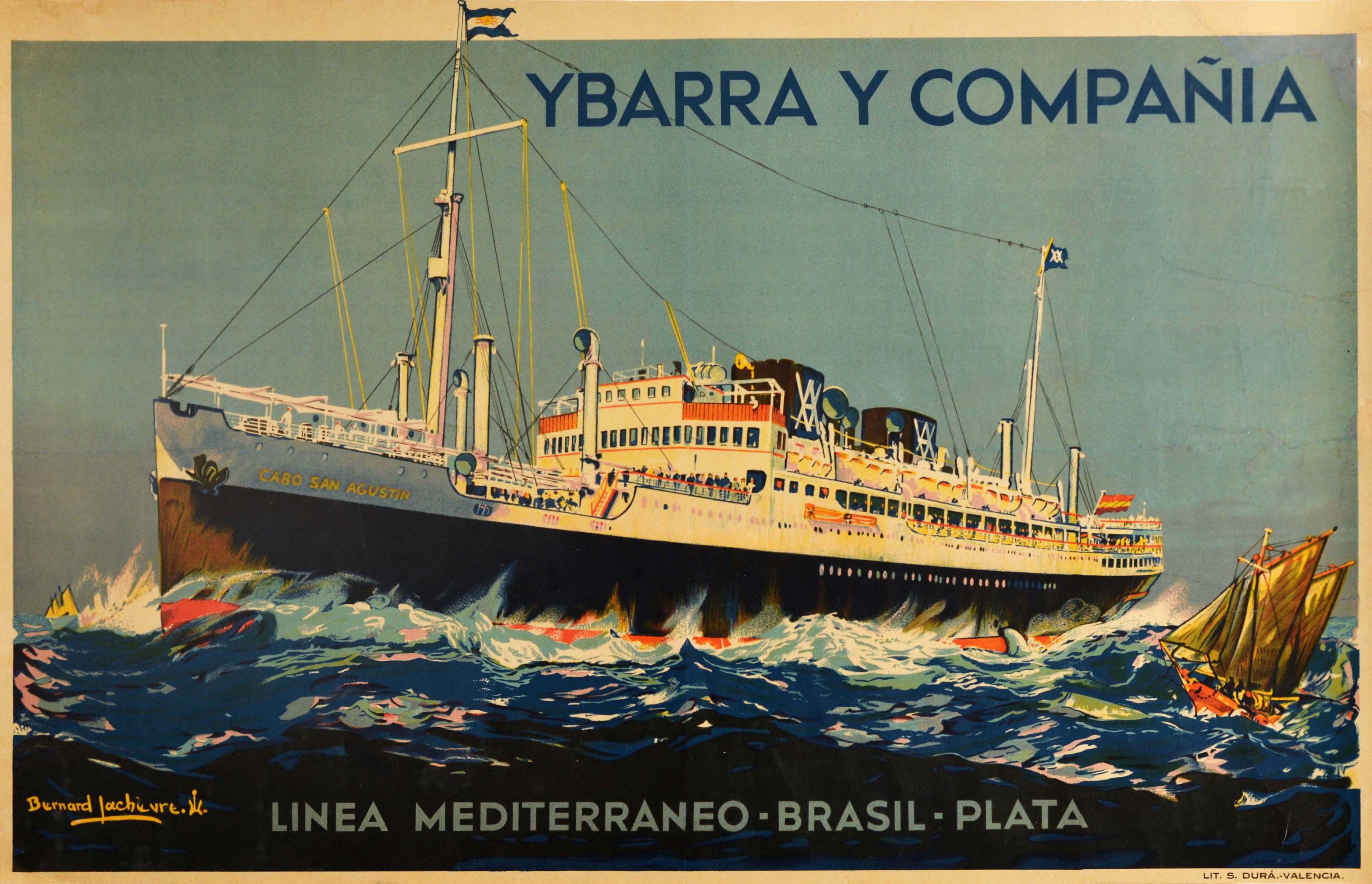 Bernard Lachevre Print - Original Vintage Poster Mediterranean Brazil Cruise Liner Travel Ybarra Ship Art