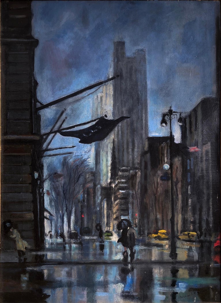 New York City Rainy Night Street Scene in Blue  -  like Albert Marquet - Post-Impressionist Painting by Bernard Lamotte