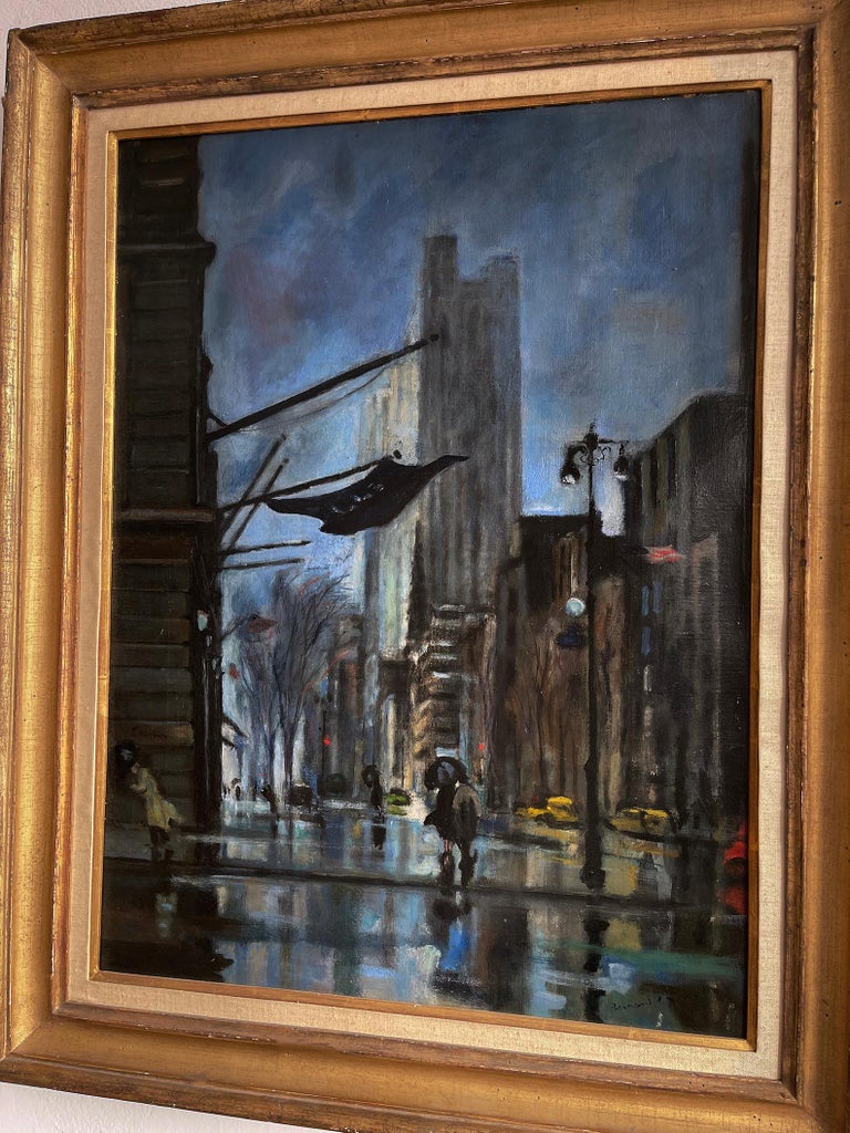 New York City Rainy Night Street Scene in Blue  -  like Albert Marquet - Black Landscape Painting by Bernard Lamotte