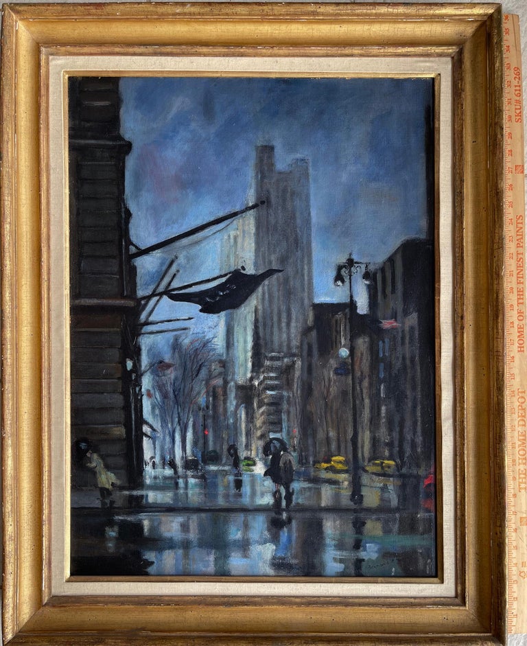 Bernard Lamotte Landscape Painting - New York City Rainy Night Street Scene in Blue  -  like Albert Marquet