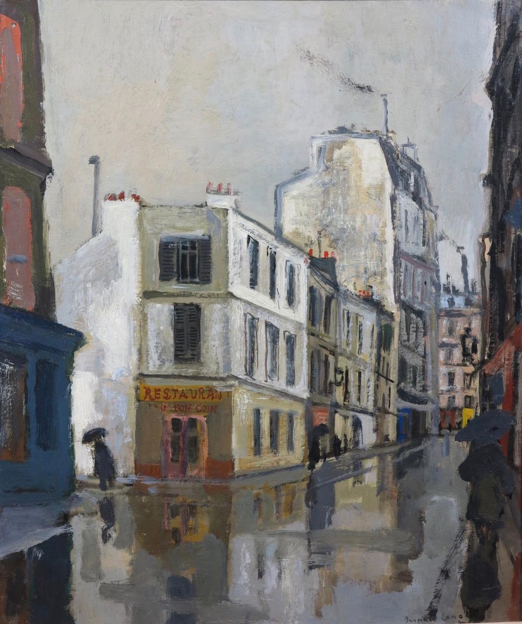 Bernard Lamotte Landscape Painting - Rue Sous la Pluie a Paris (Restaurant Au Bon Coin) Street Scene