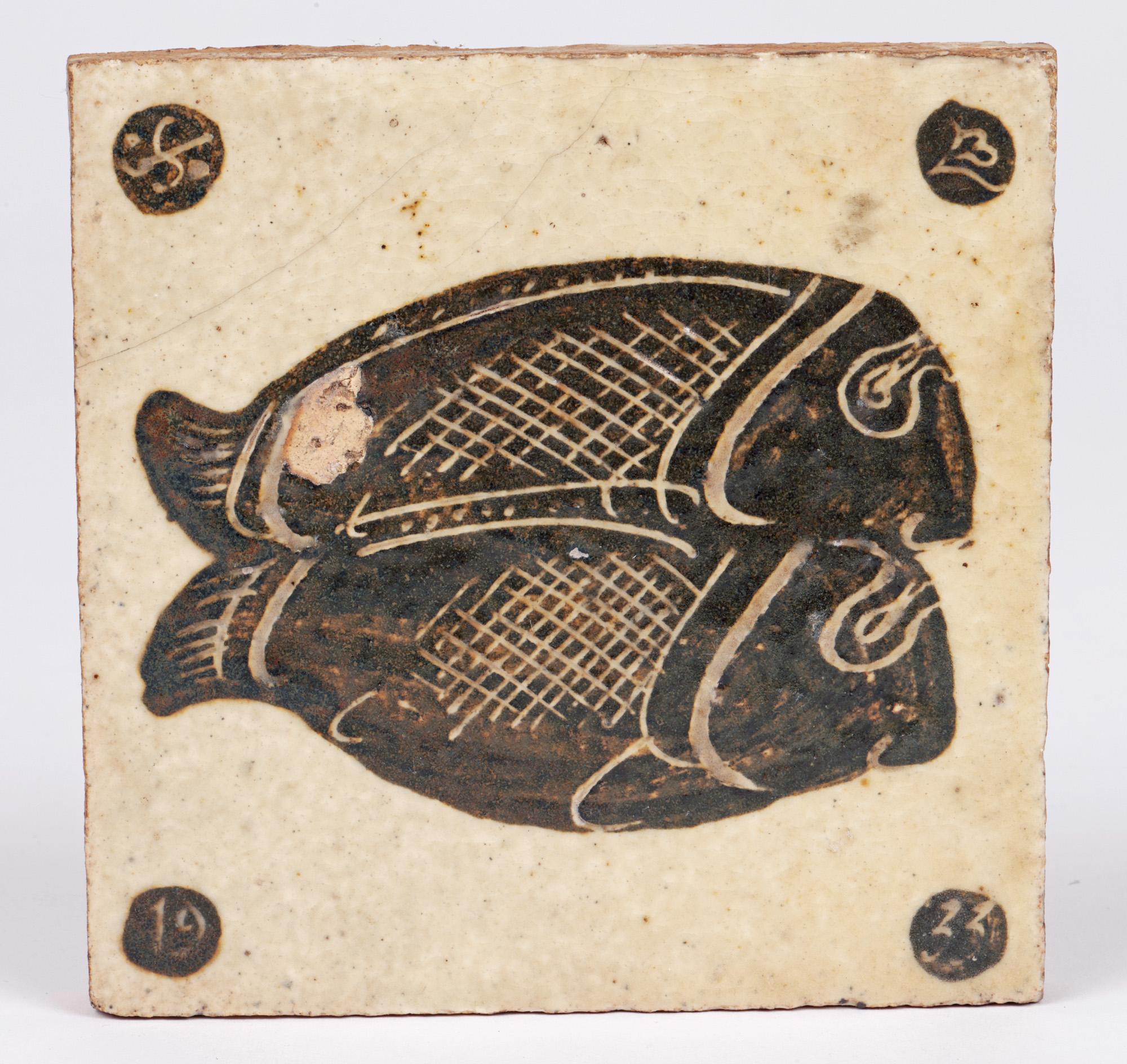 Mid-20th Century Bernard Leach Rare Early Fish Glazed Tile Dated 1933 For Sale