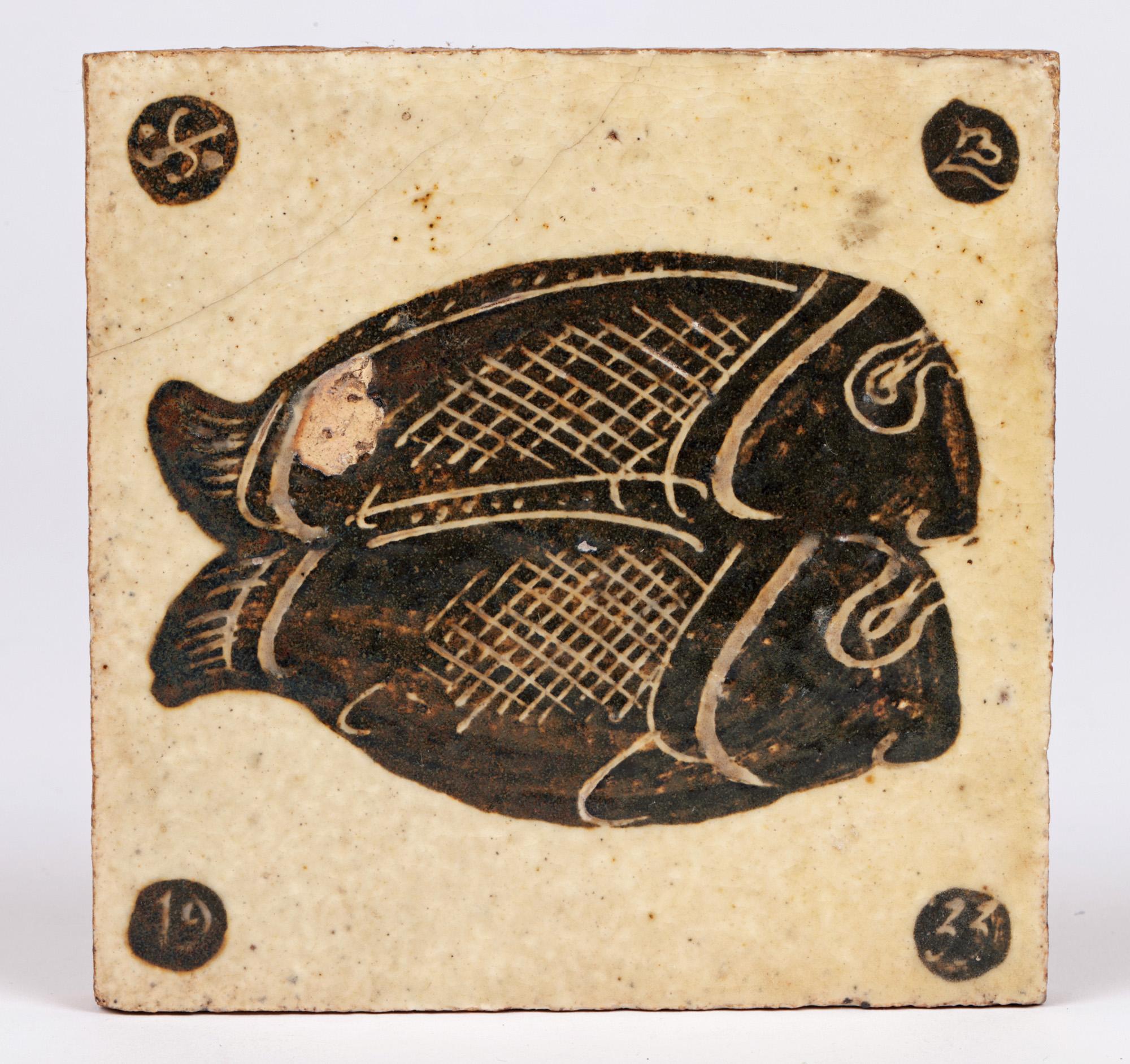 Bernard Leach Rare Early Fish Glazed Tile Dated 1933 For Sale 4