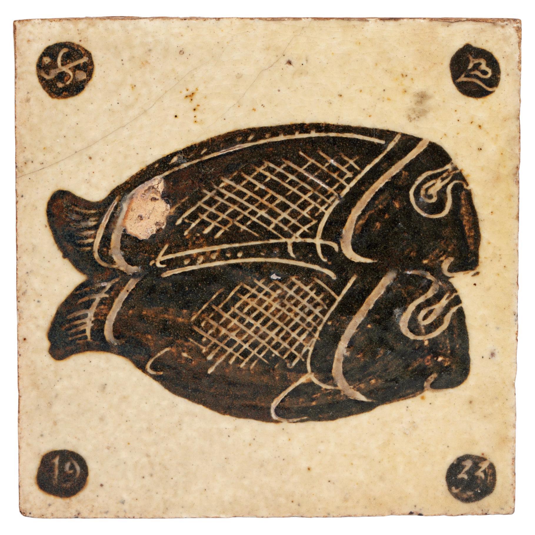 Bernard Leach Rare Early Fish Glazed Tile Dated 1933 For Sale