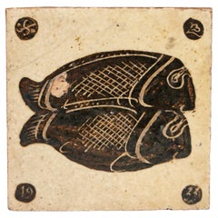 Bernard Leach Rare Early Fish Glazed Tile Dated 1933