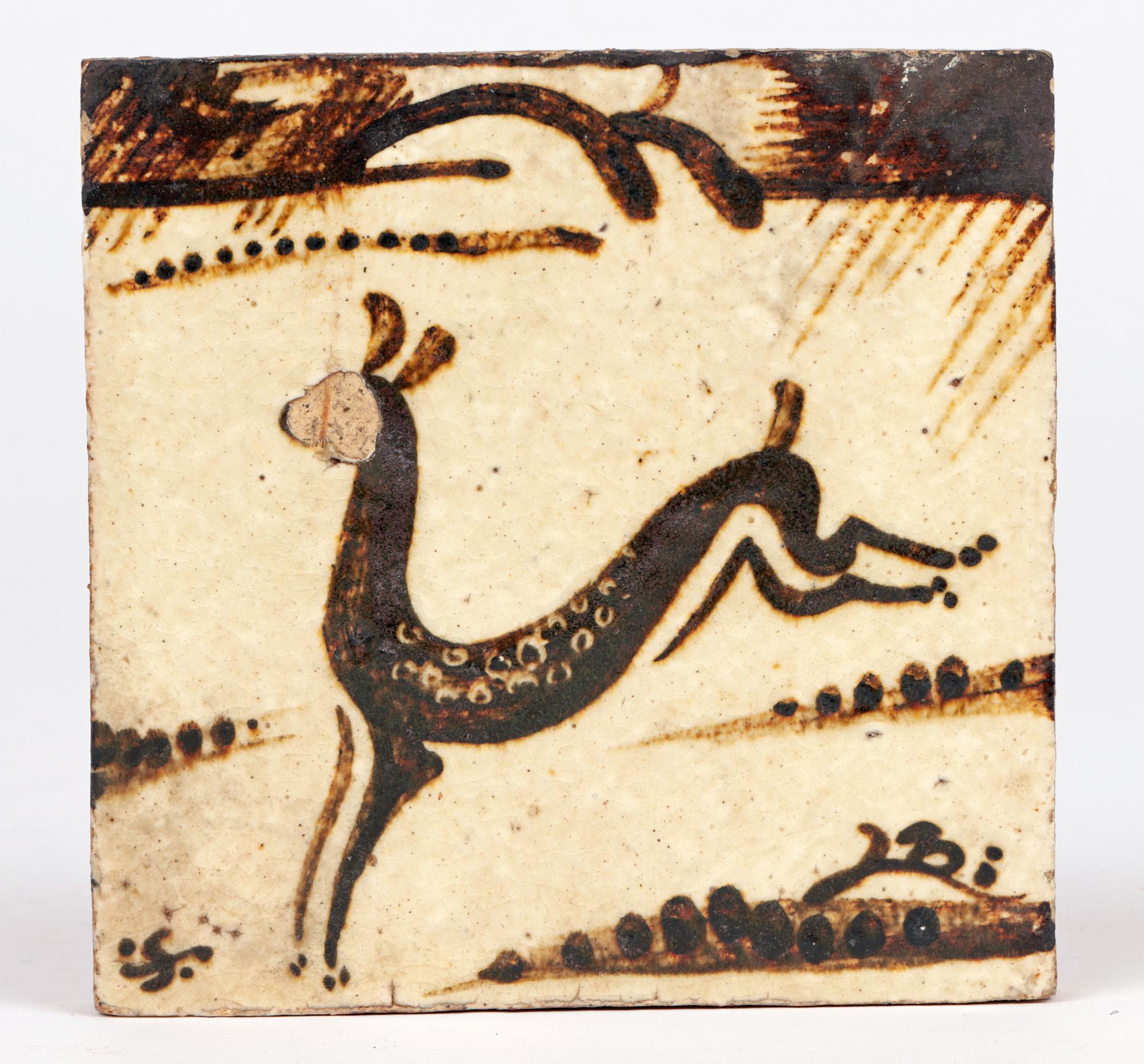 Bernard Leach Rare Early Running Deer Glazed Tile, circa 1930 For Sale 2