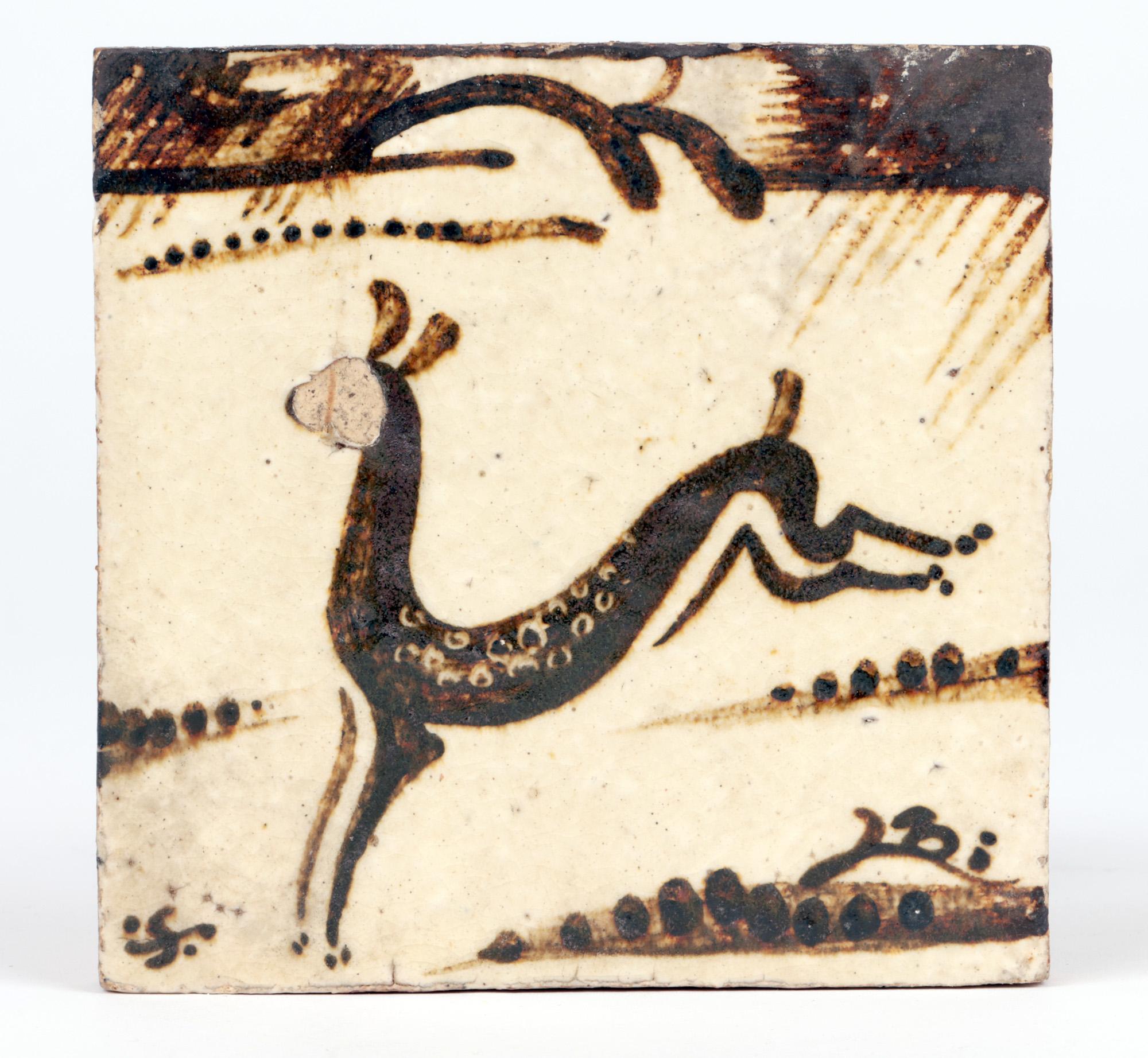 Hand-Crafted Bernard Leach Rare Early Running Deer Glazed Tile, circa 1930 For Sale