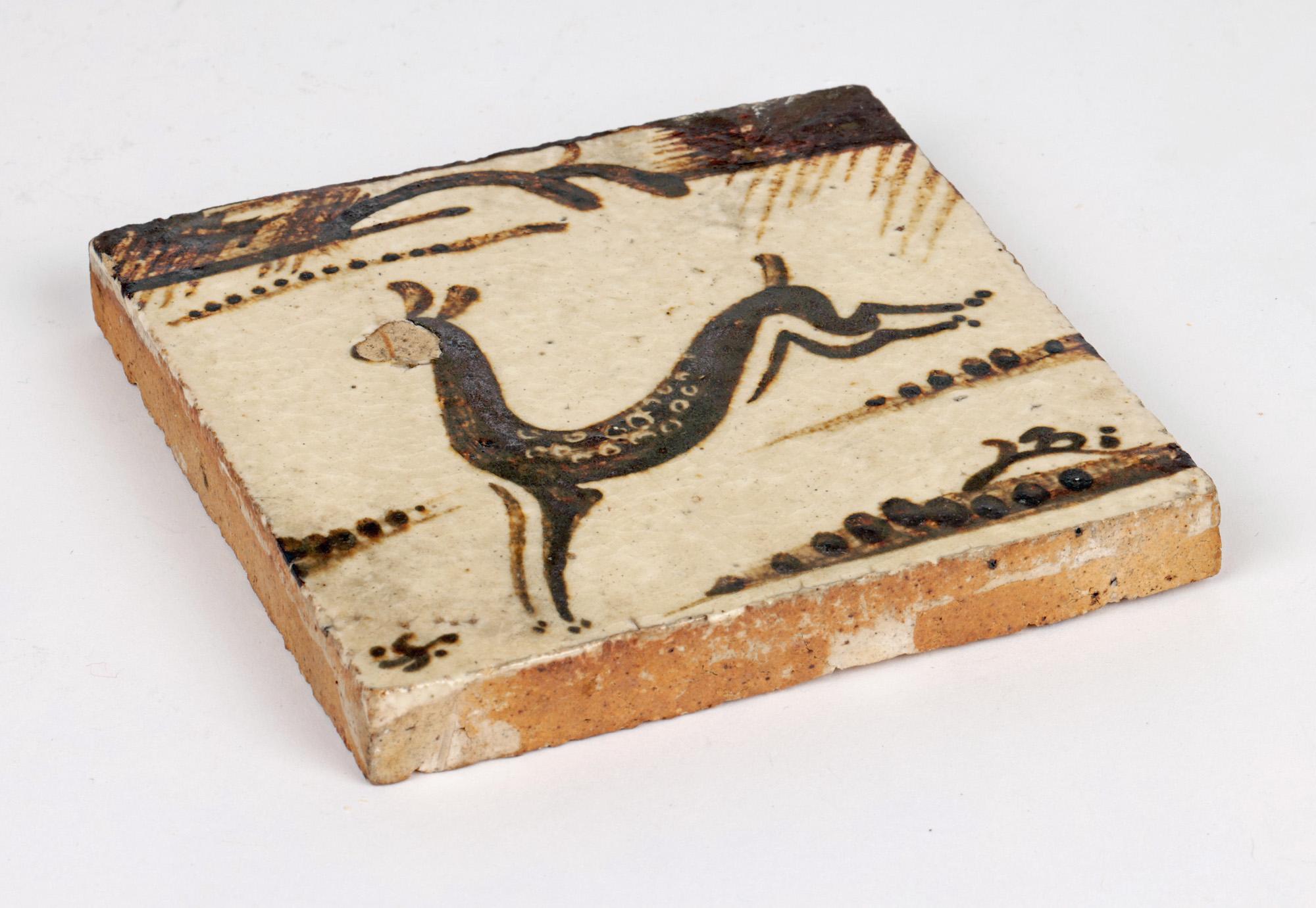 English Bernard Leach Rare Early Running Deer Glazed Tile, circa 1930 For Sale