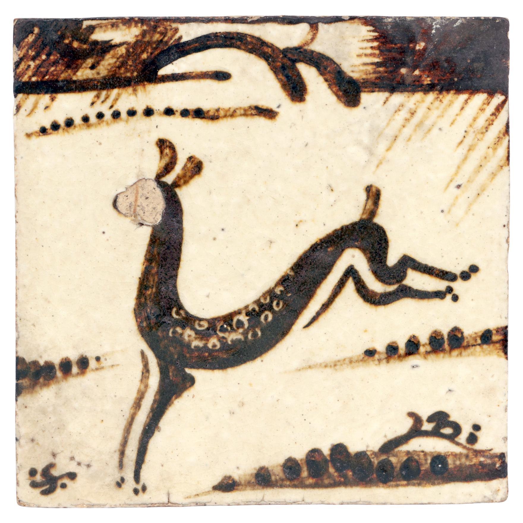 Bernard Leach Rare Early Running Deer Glazed Tile, circa 1930 For Sale