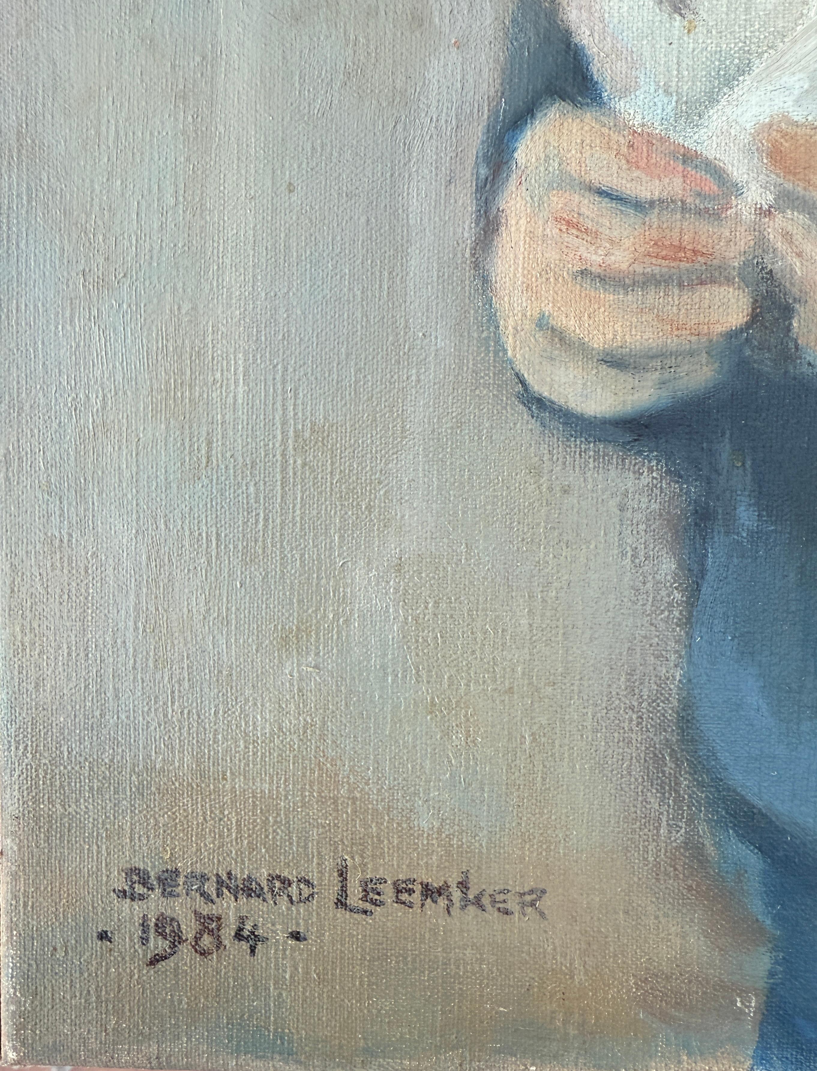 Porträt eines Jungen mit Teddybär Öl auf Leinwand Gemälde – Painting von Bernard Leemker