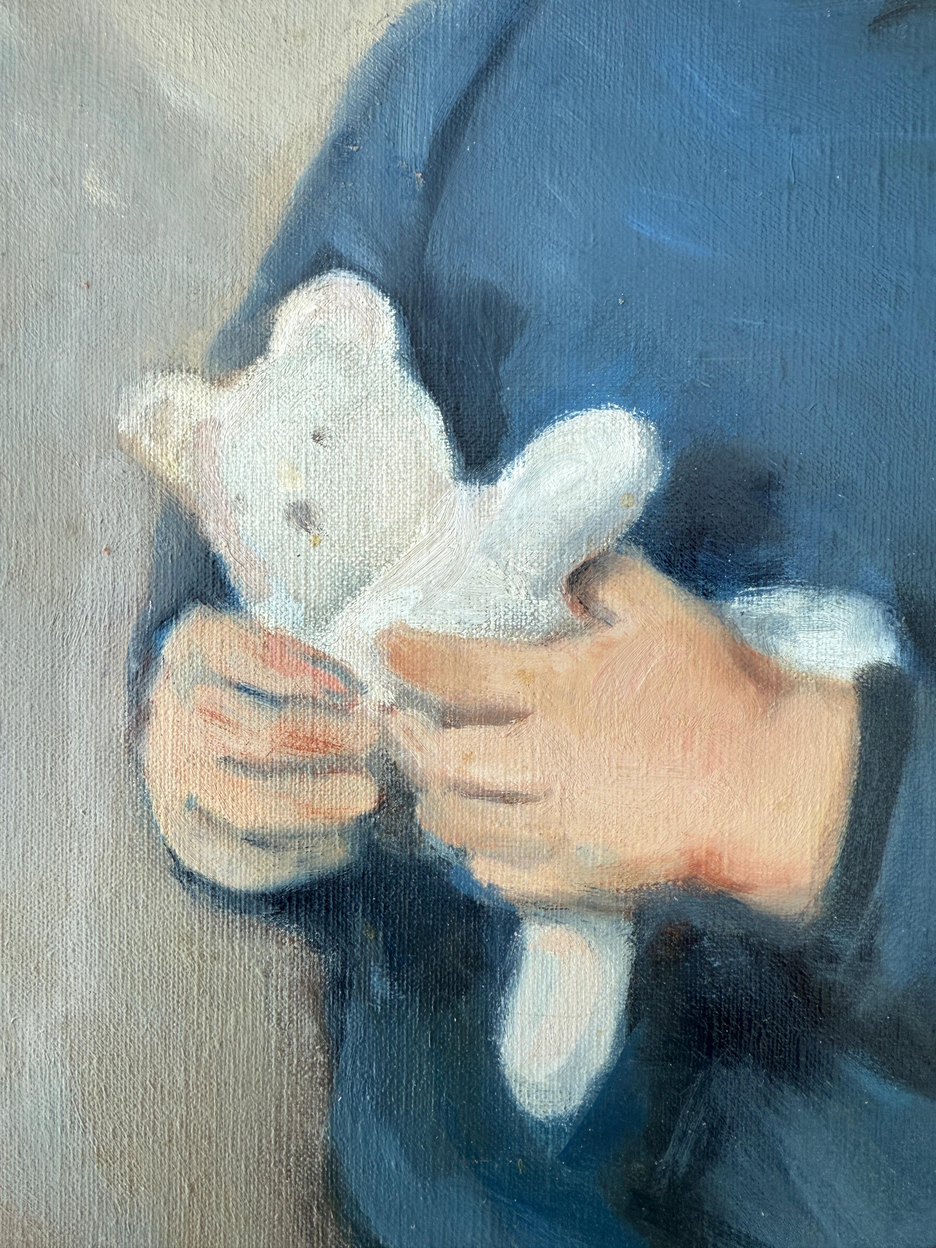 Porträt eines Jungen mit Teddybär Öl auf Leinwand Gemälde (Moderne), Painting, von Bernard Leemker