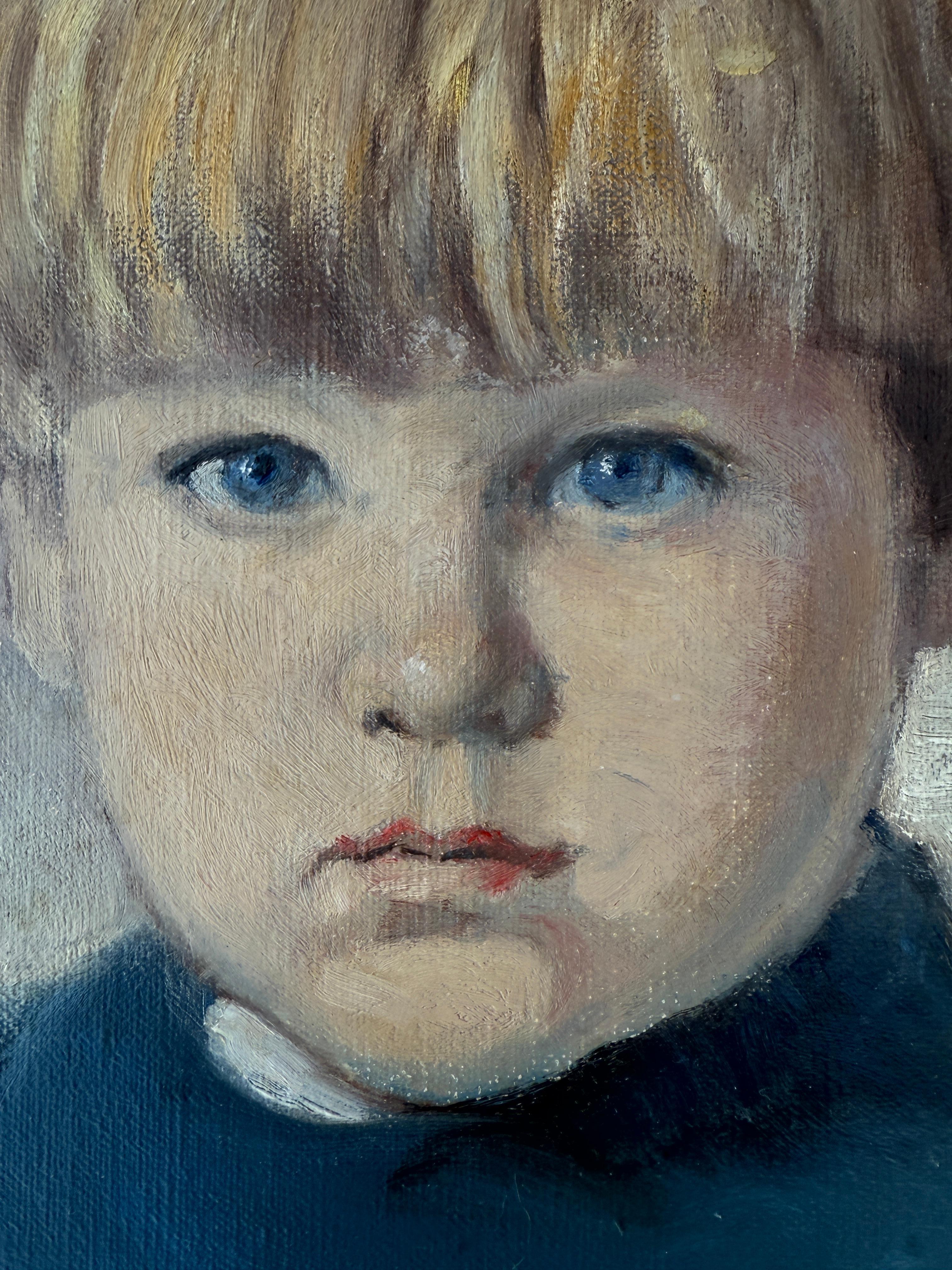 Porträt eines Jungen mit Teddybär Öl auf Leinwand Gemälde (Grau), Portrait Painting, von Bernard Leemker