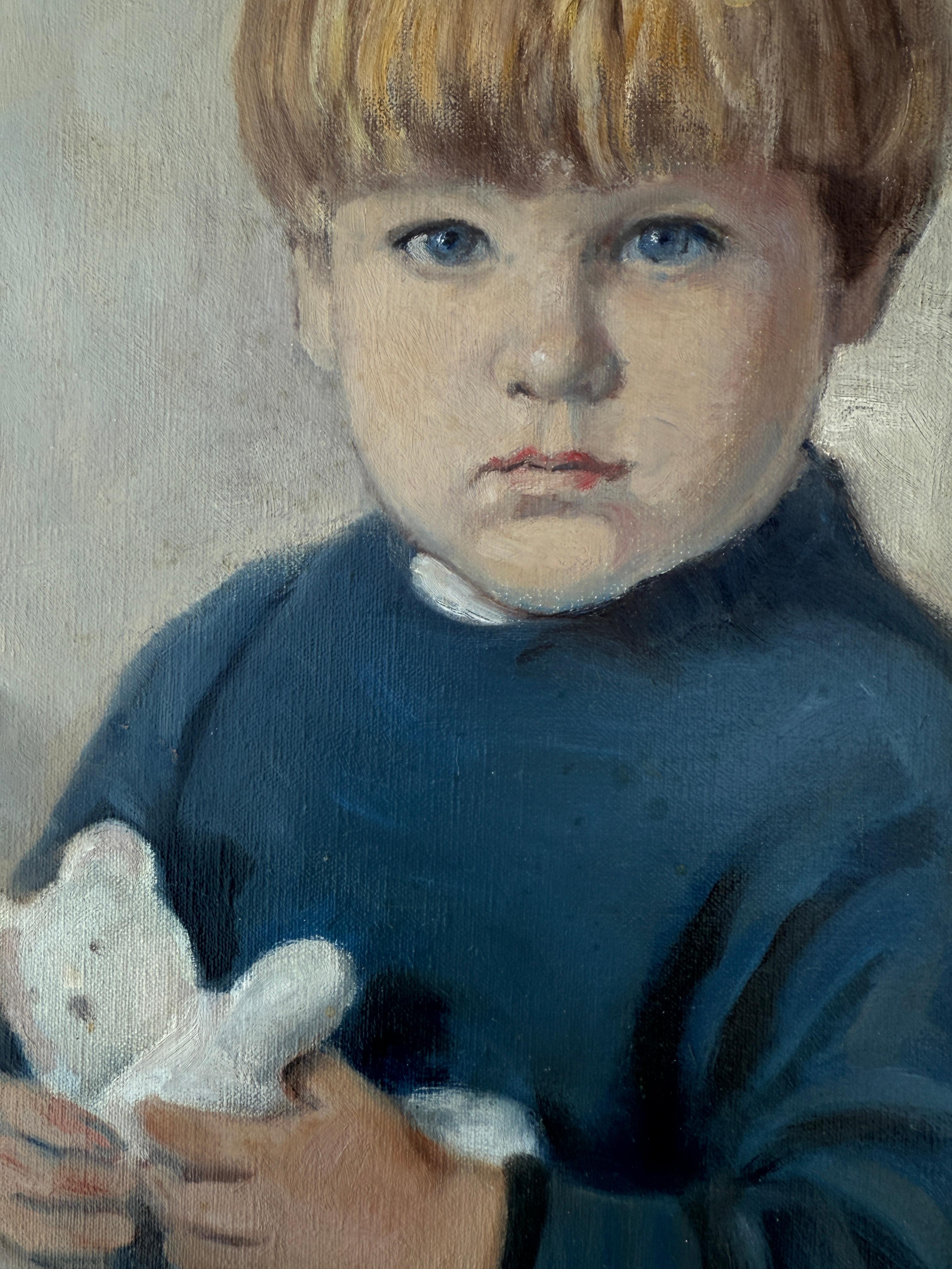 Autor: Bernard Leemker (Groningen, 1899 - 1990)
Titel: Porträt eines Jungen mit Teddybär
Datum: 1984
Technik: Öl auf Leinwand
Abmessungen: 55 × 45 cm - 21,7 × 17,7 in
Unterlage / Aufhängung: Leinwand auf Keilrahmen
Unterschrift: Signiert und datiert