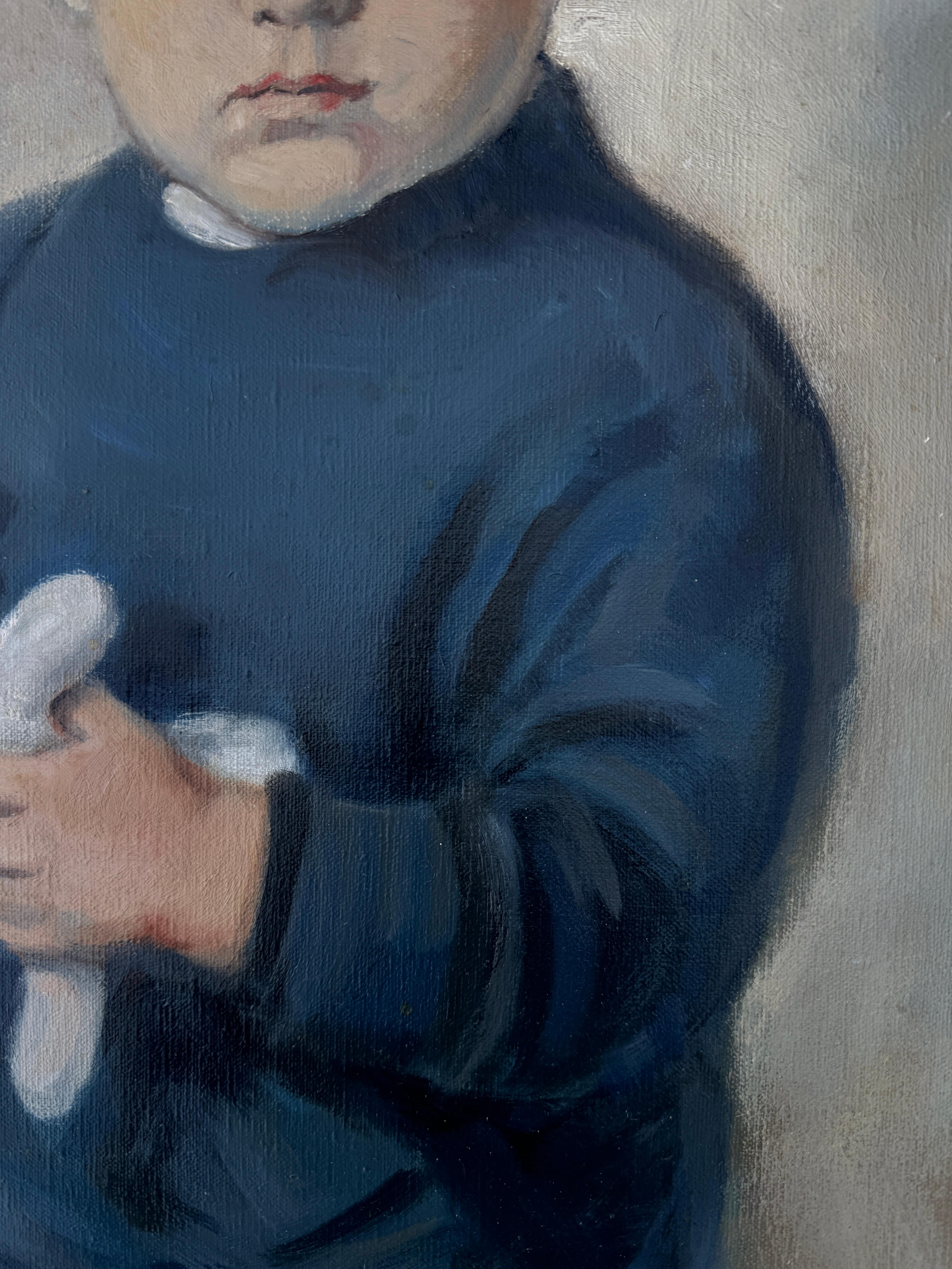 Porträt eines Jungen mit Teddybär Öl auf Leinwand Gemälde im Angebot 1