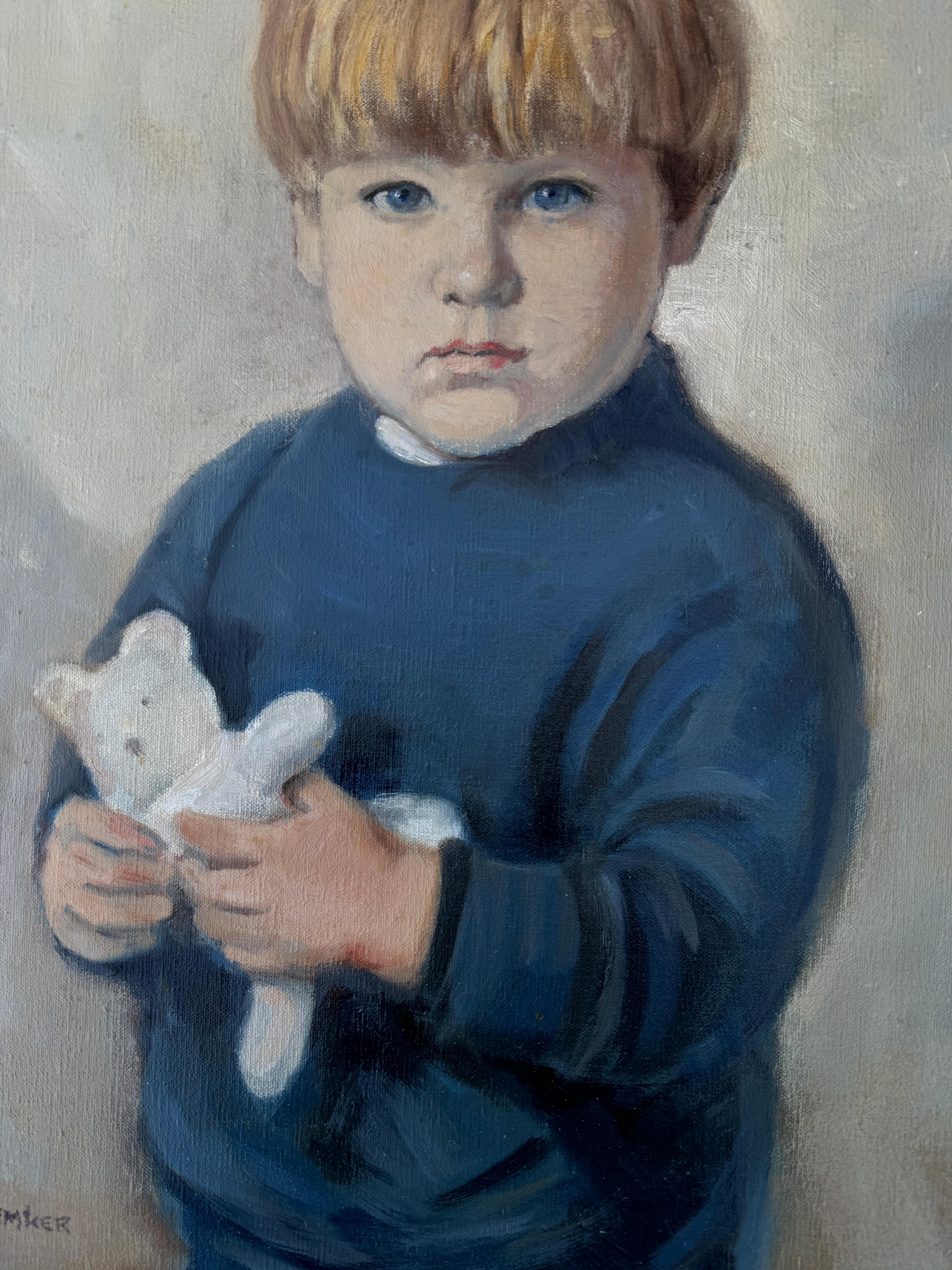 Porträt eines Jungen mit Teddybär Öl auf Leinwand Gemälde im Angebot 2