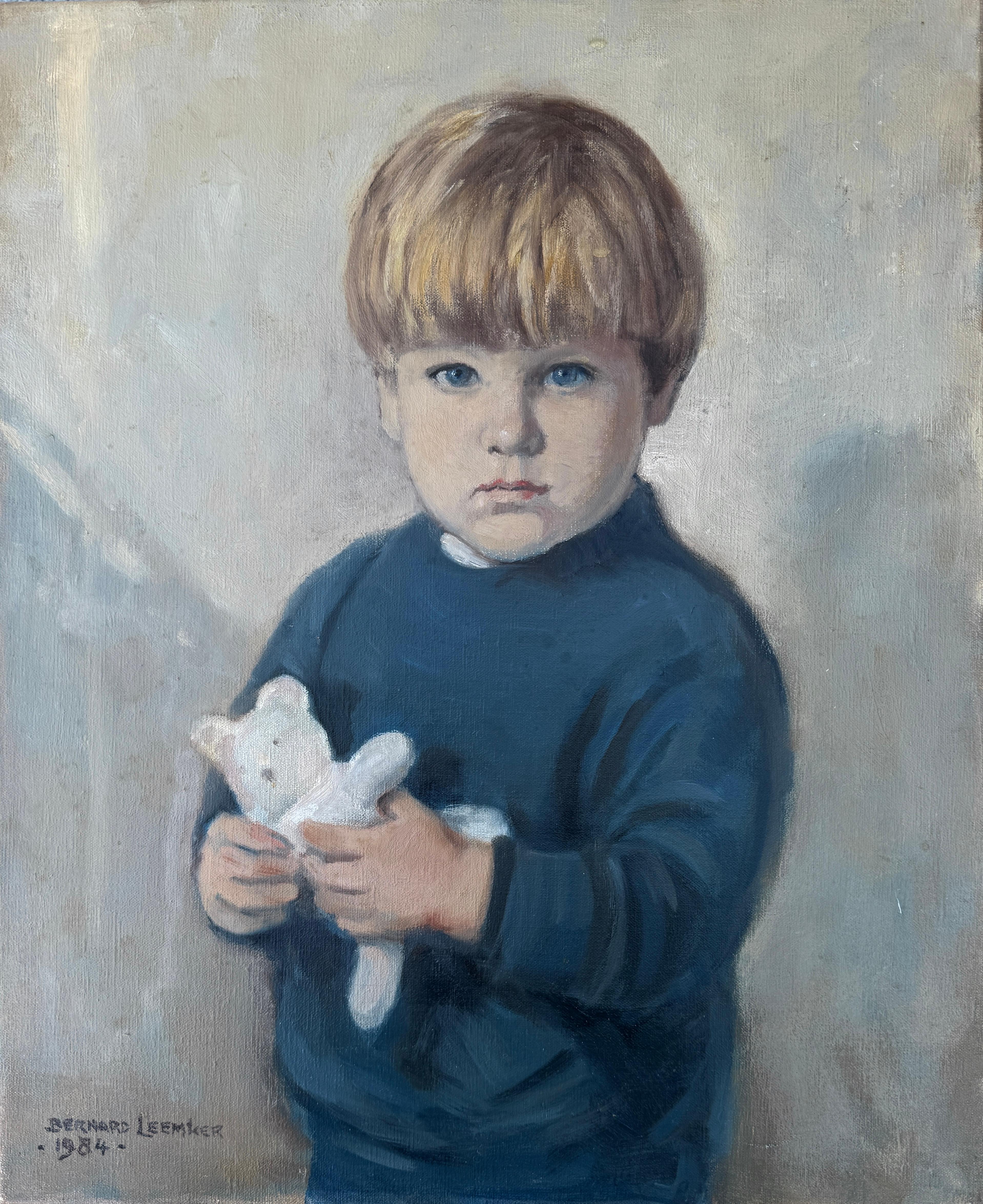 Bernard Leemker Portrait Painting – Porträt eines Jungen mit Teddybär Öl auf Leinwand Gemälde