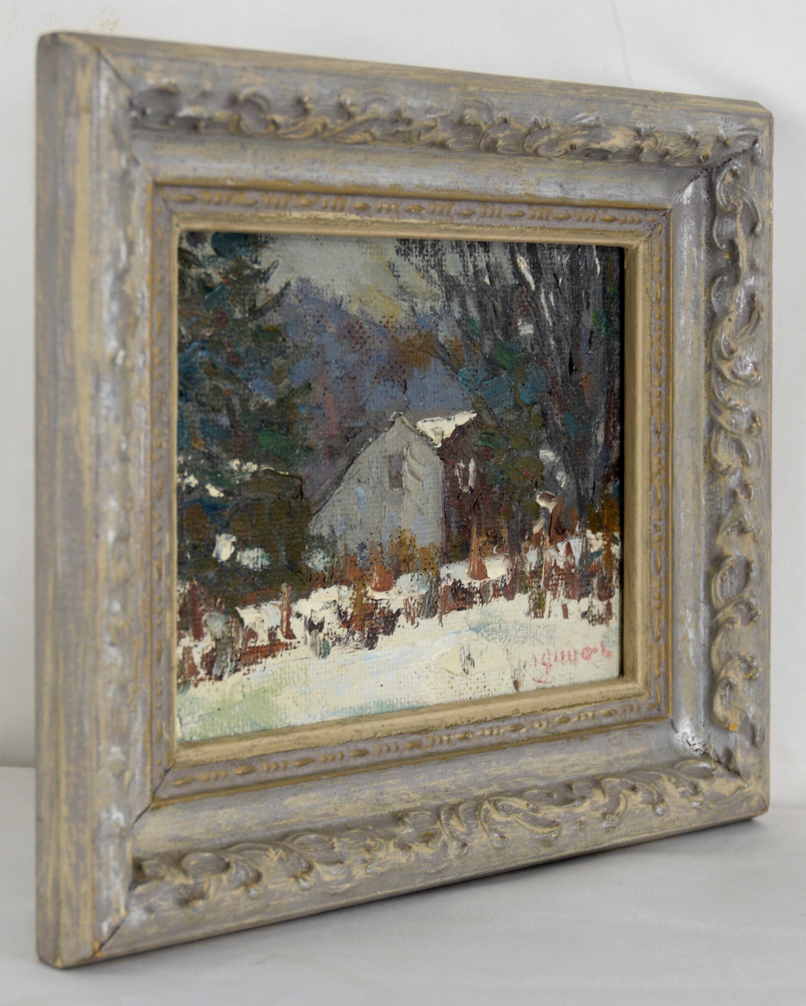 Cabin in the Snowy Forest - Connecticut Winter Landscape in Oil on Masonite 5