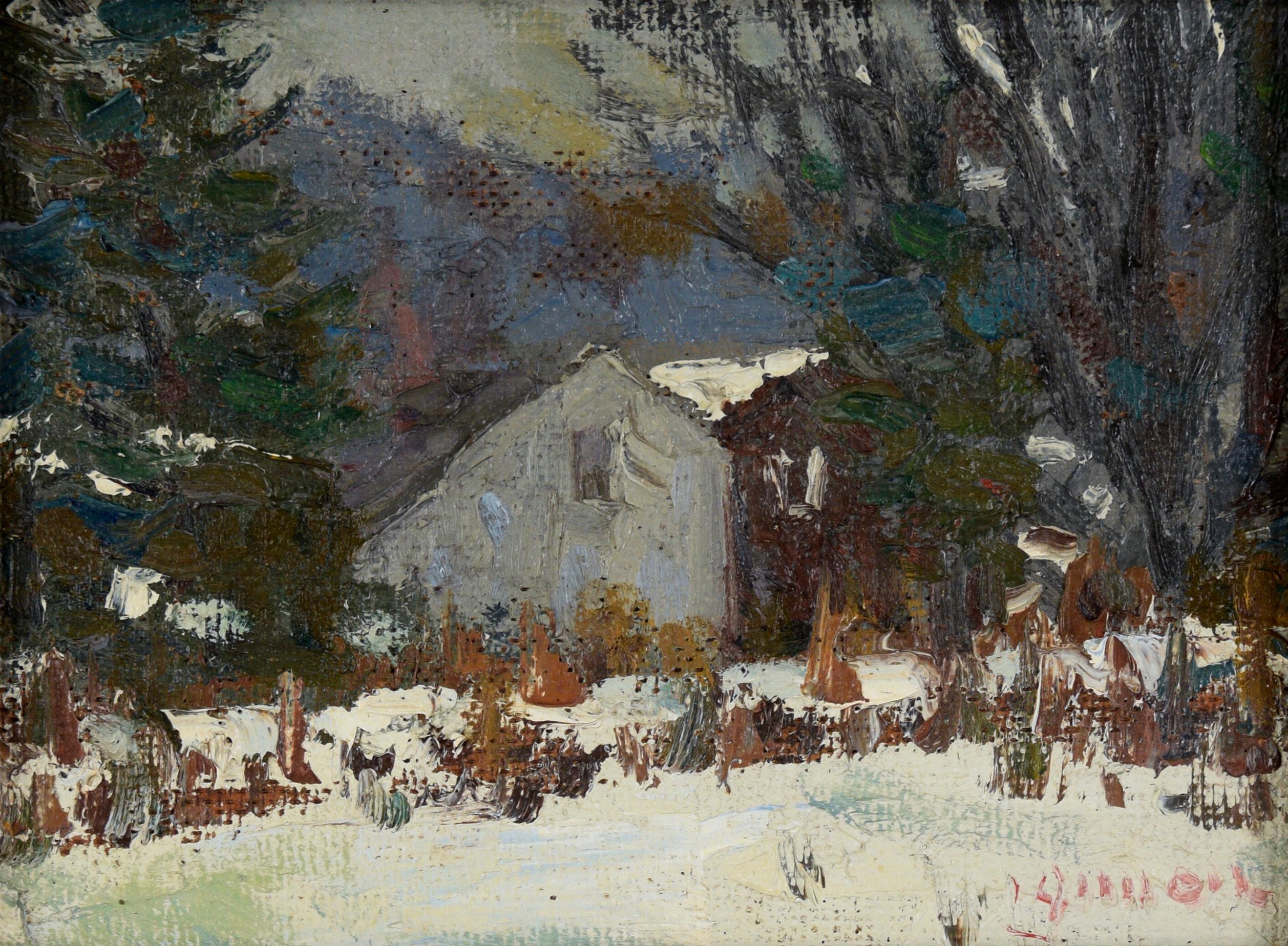 Cabin in the Snowy Forest - Connecticut Winter Landscape in Oil on Masonite - Painting by Bernard Lennon