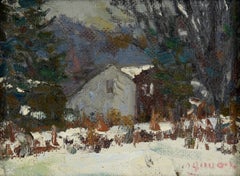 Cabin in the Snowy Forest - Connecticut Winter Landscape in Oil on Masonite
