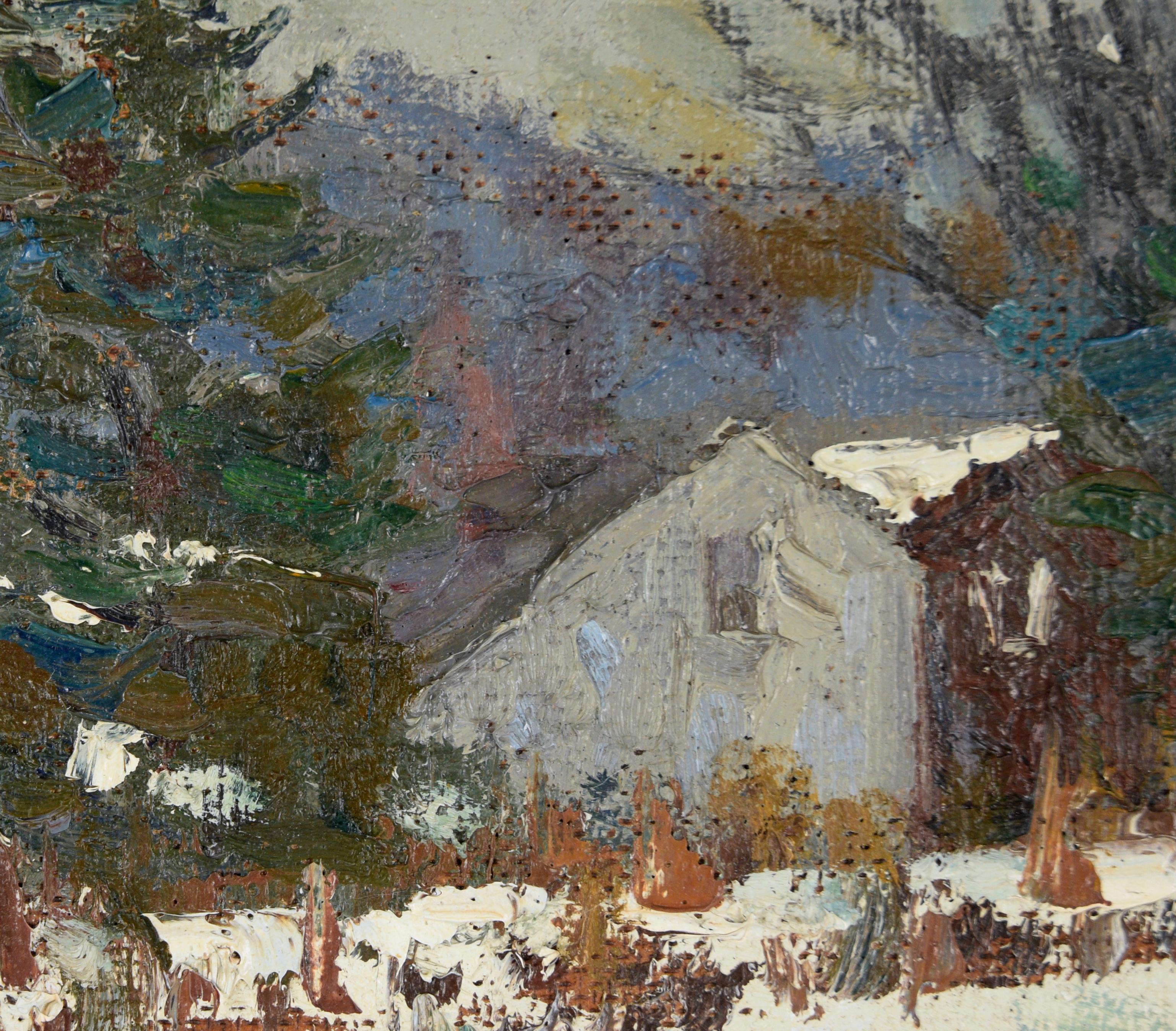 Cabin in the Snowy Forest - Connecticut Winter Landscape in Oil on Masonite - American Impressionist Painting by Bernard Lennon