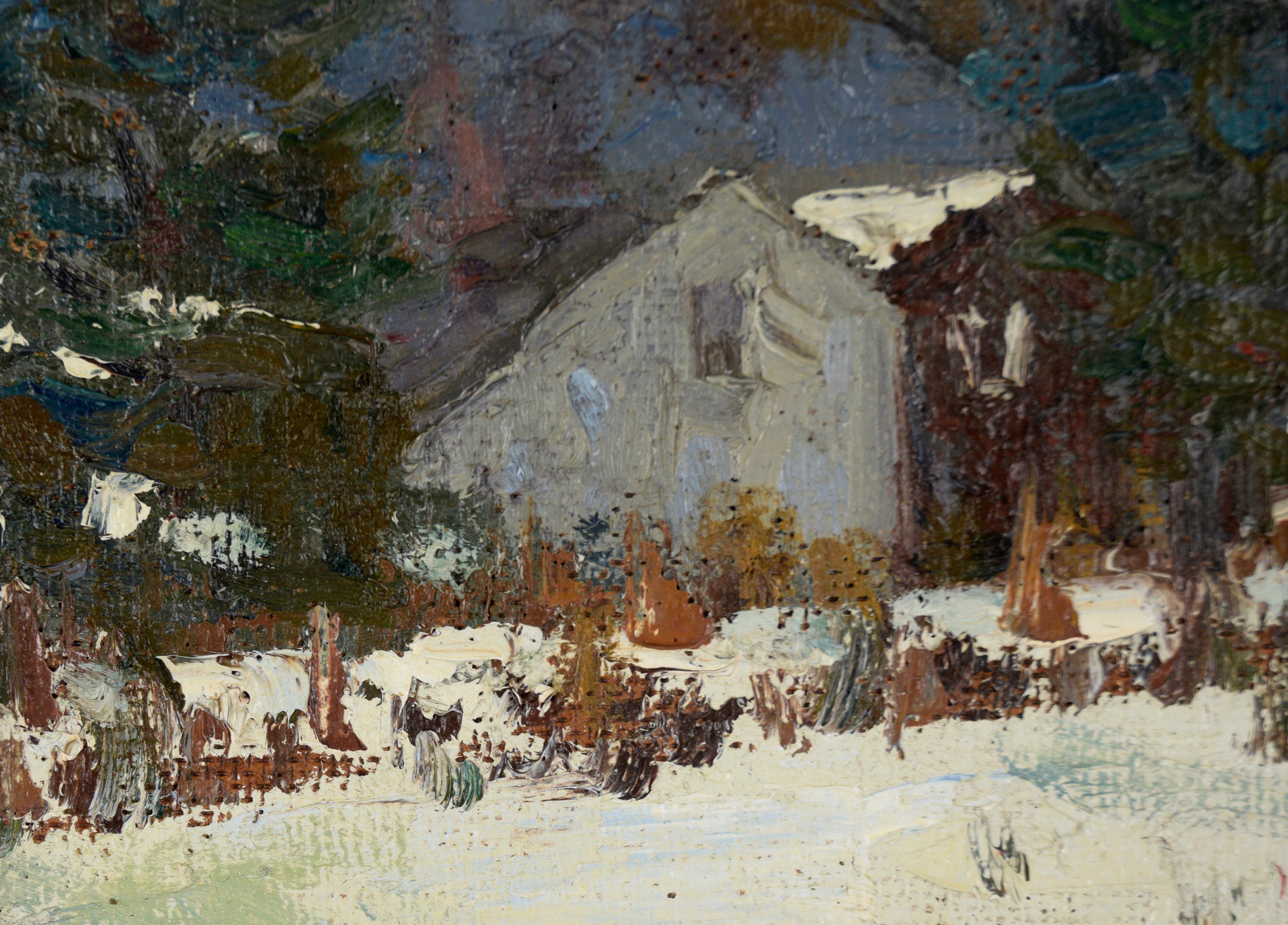 Serene winter landscape with a cabin by Bernard Lennon (American, 1914-1992). The scene is covered in fresh snow, with a house tucked away between the trees. This piece has great texture, adding depth and dimensionality. 

Signed 