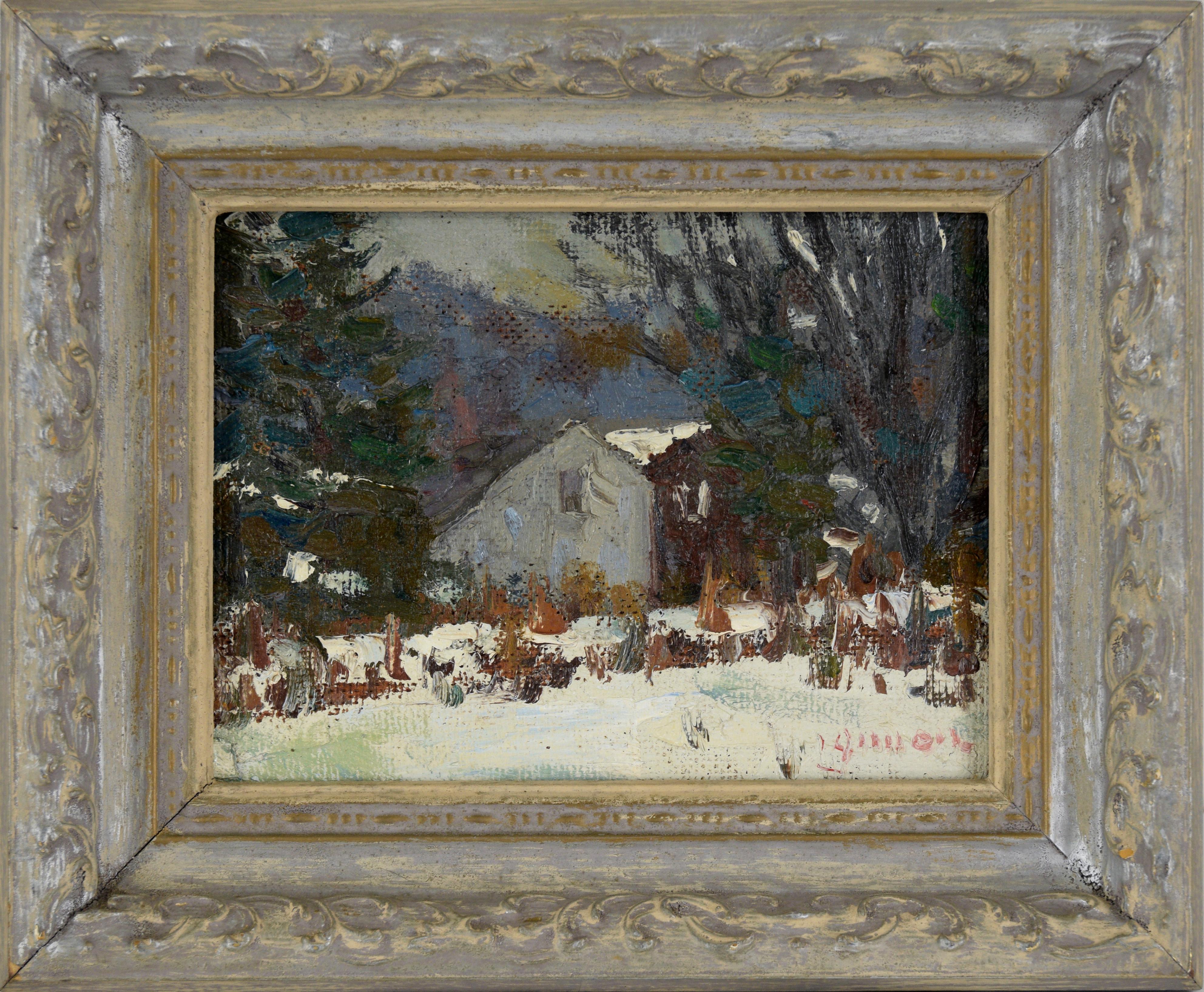 Bernard Lennon Landscape Painting - Cabin in the Snowy Forest - Connecticut Winter Landscape in Oil on Masonite