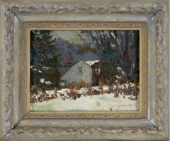 Cabin in the Snowy Forest - Connecticut Winter Landscape in Oil on Masonite