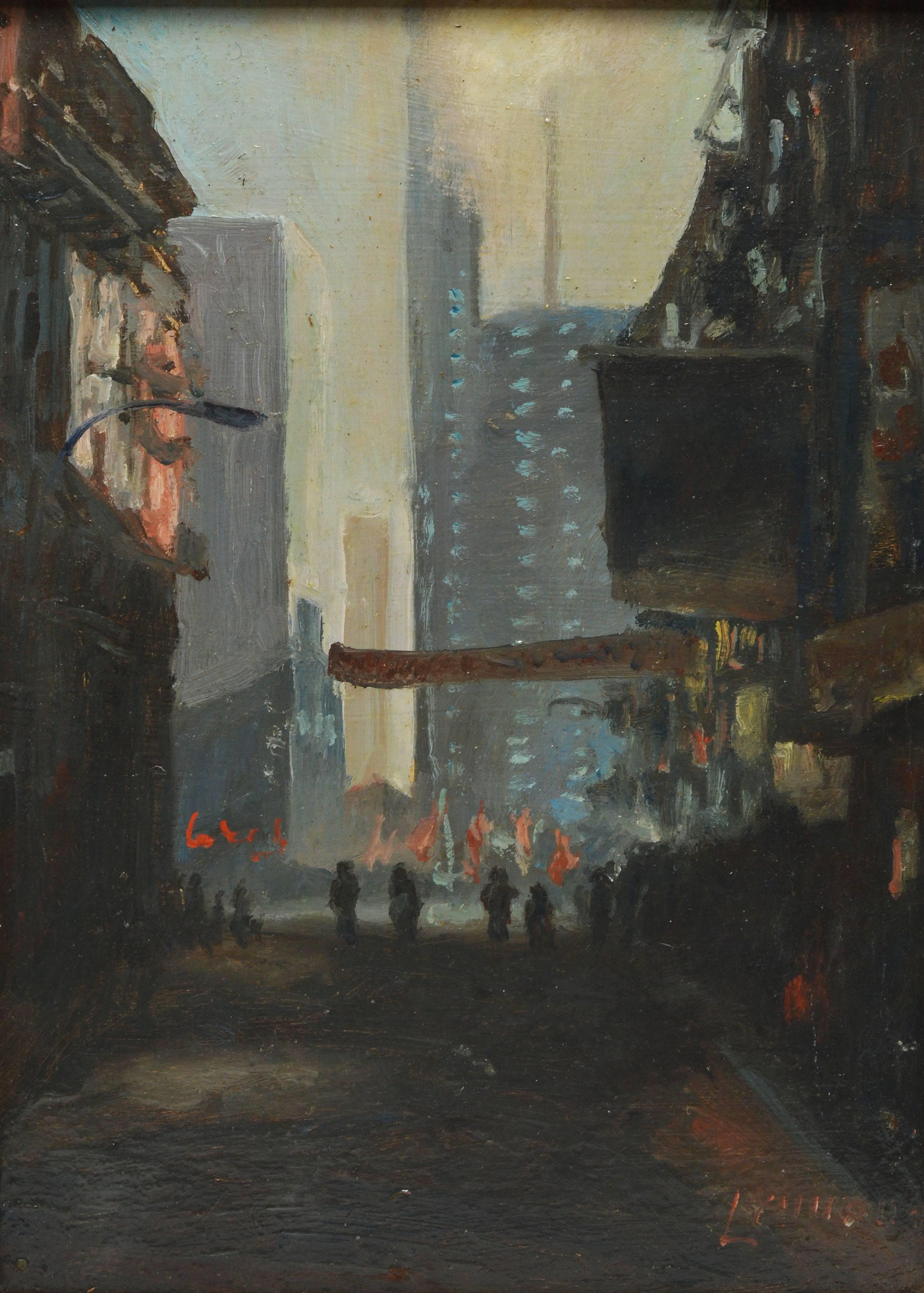 Impressionist view of New York City by Bernard Lennon (1914 - 1992). Oil on board, circa 1940. Signed lower right, 