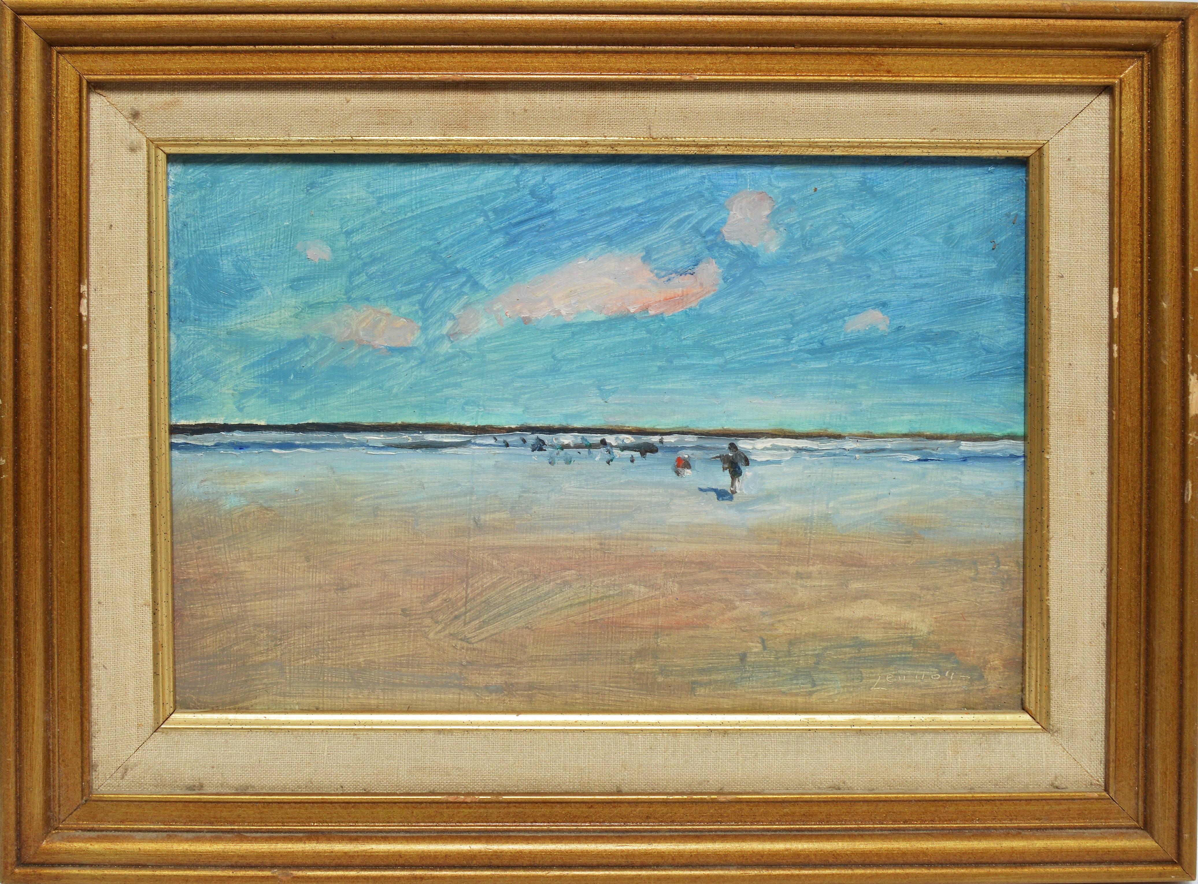 Modernist beach view by Bernard Lennon  (1914 - 1992).  Oil on board, circa 1940.  Signed lower right.  Displayed in a period frame.  Image size, 12"L x 8"H, overall 16"L x 12"H
