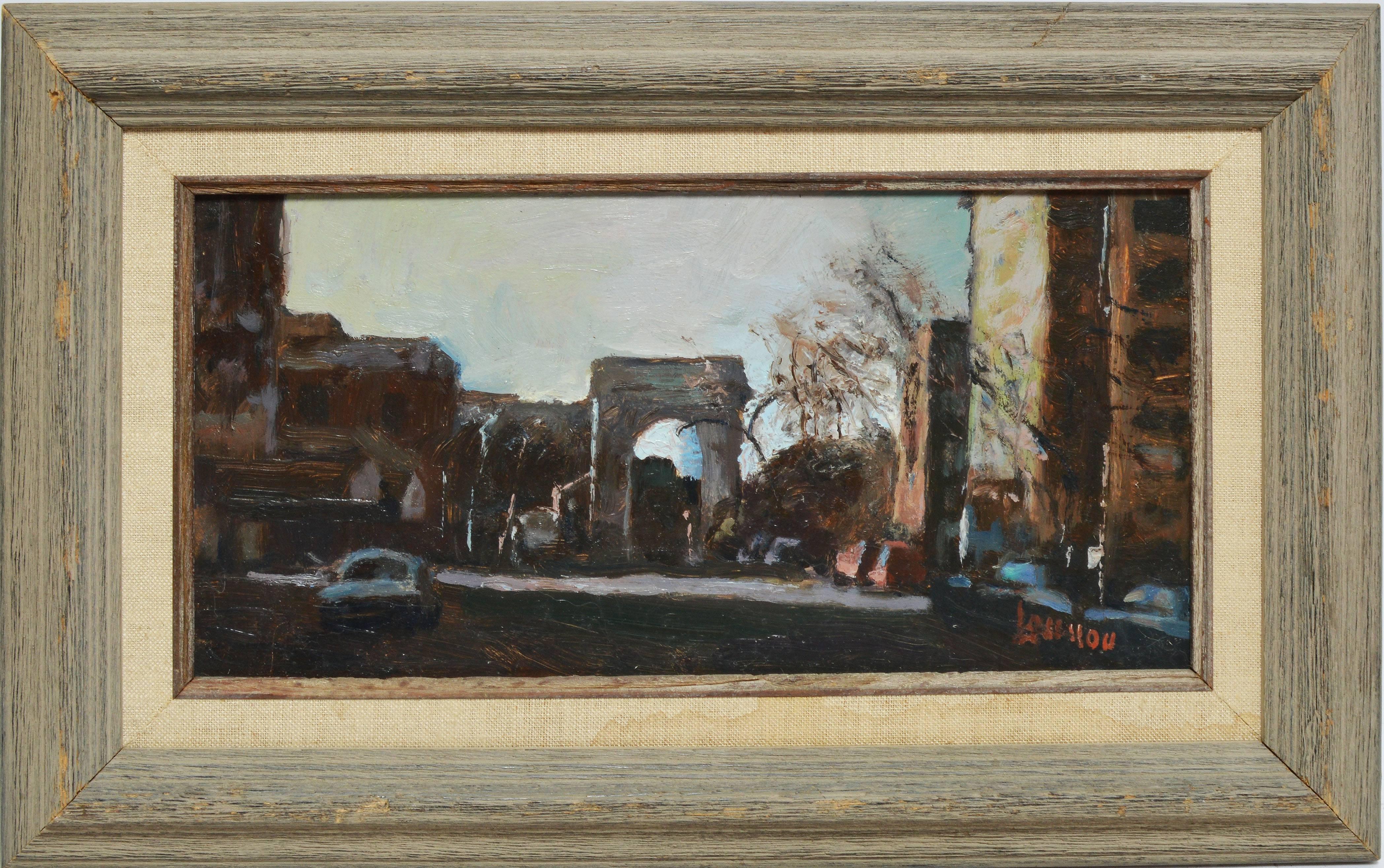 Impressionist view of New York City by Bernard Lennon (1914 - 1992). Oil on board, circa 1940. Signed lower right, "Lennon". Displayed in a giltwood frame. Image size, 12"L x 6"H., overall 16"L x 10"H.
