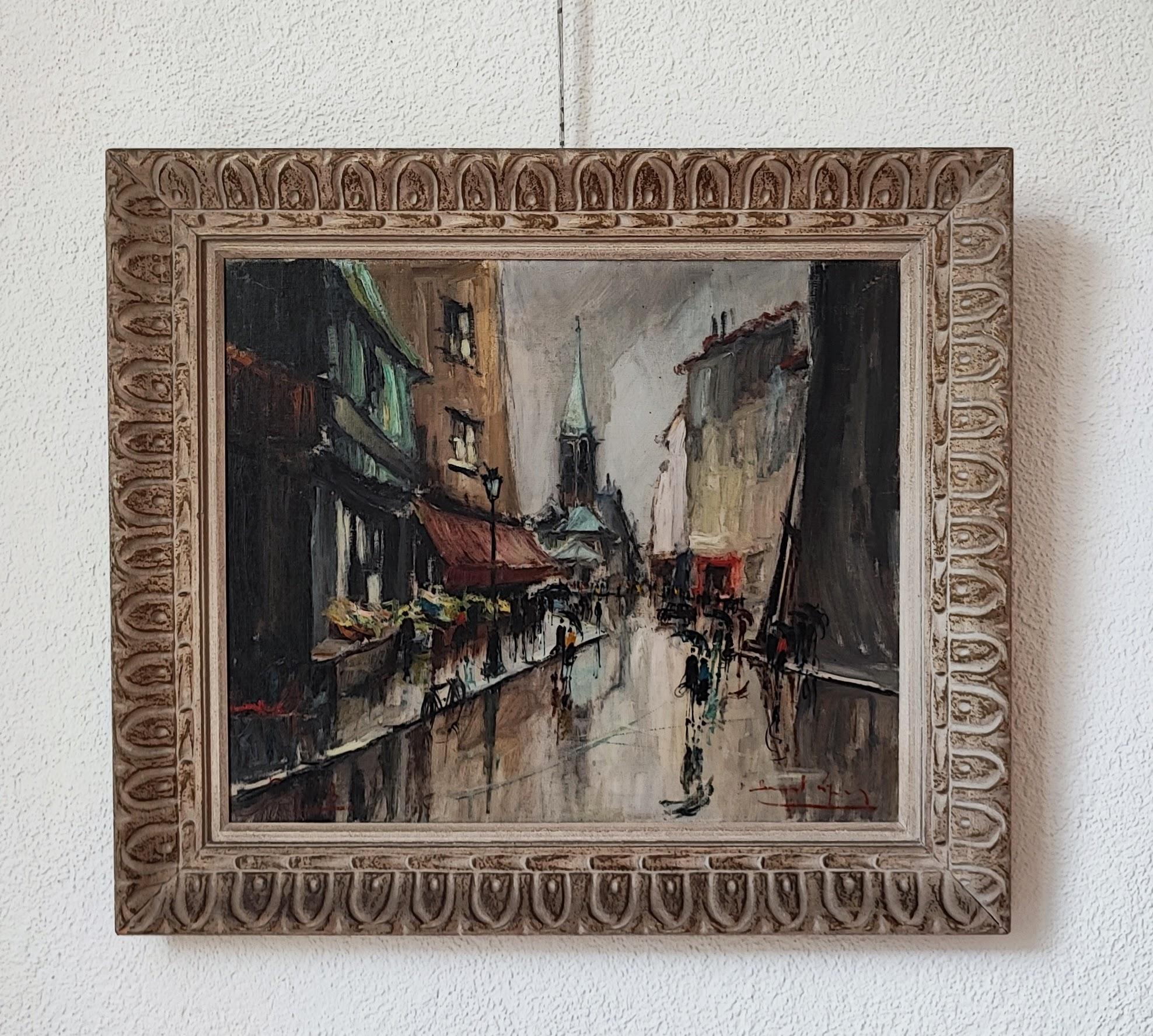 Busy market street on a rainy day - Painting by Bernard Lignon